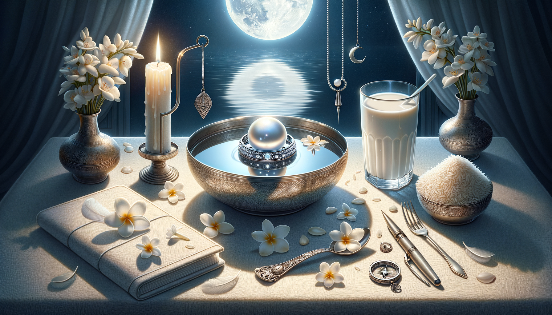 Moonlit still life with a silver bowl of water holding a pearl ring, candle, white flowers, glass of milk, rice bowl, and notebook by a window reflecting the full moon; {post.categories}