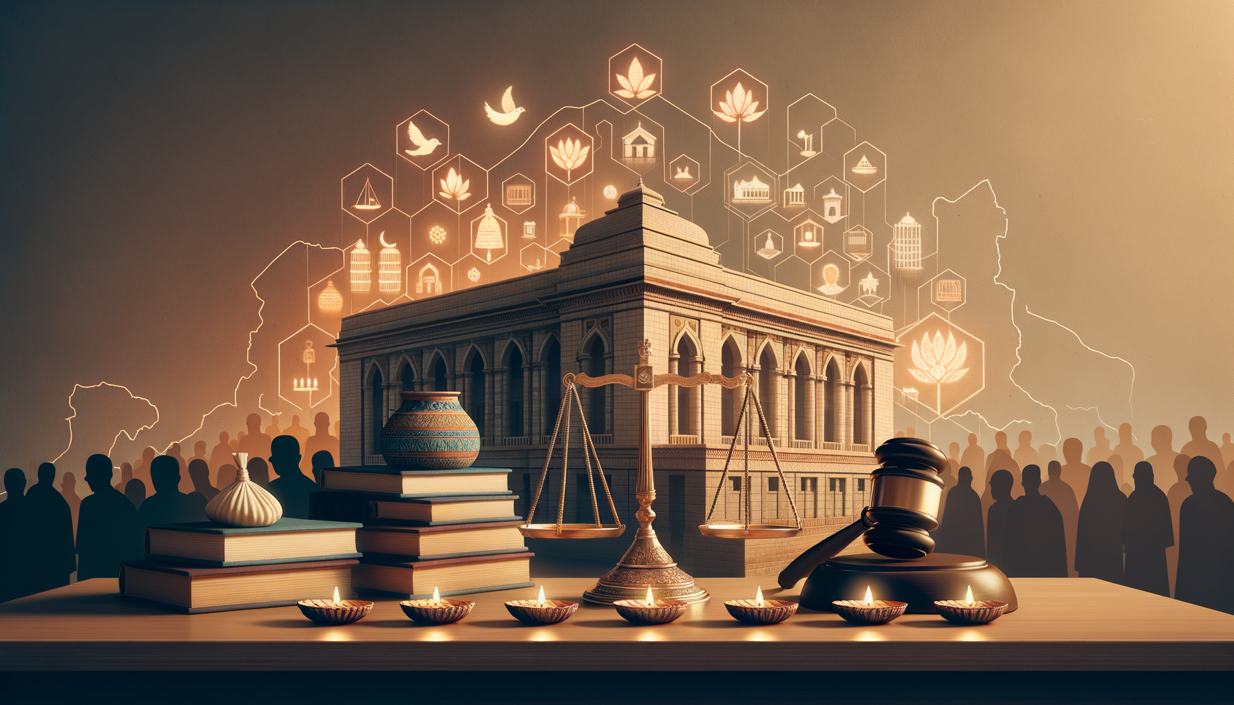 Illustration of an Indian courthouse with scales of justice, gavel, law books, and festival diyas, framed by a map and icons of diverse faiths, symbolizing secular governance and constitutional law.