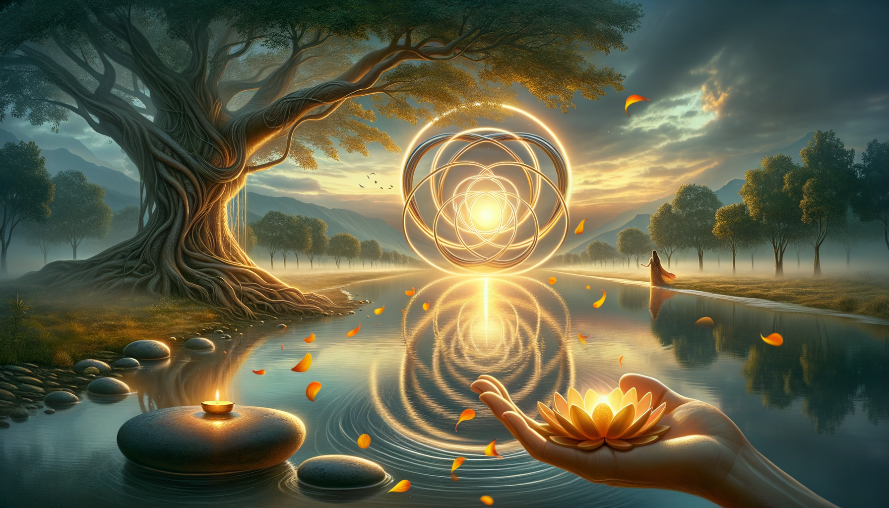 Surreal riverside at sunrise with a glowing sacred-geometry orb above calm water, an open hand offering a luminous lotus, an ancient tree with deep roots, falling petals, and a lone robed figure.