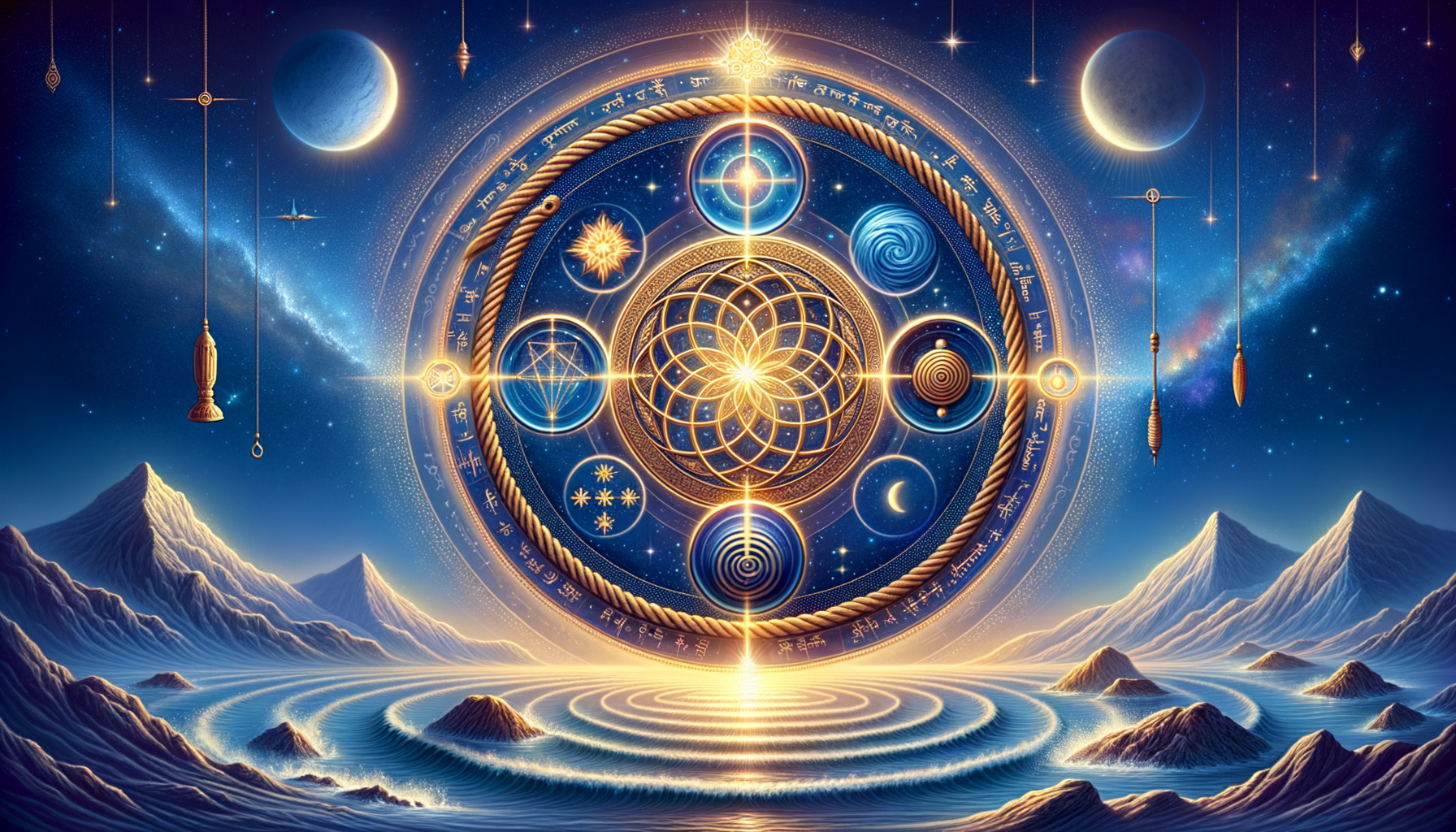 Golden astrolabe-like mandala with sacred geometry glows in a starry night sky, encircled by planets and moons above rippling seas and mountains; celestial, astrology, astronomy, cosmic art.