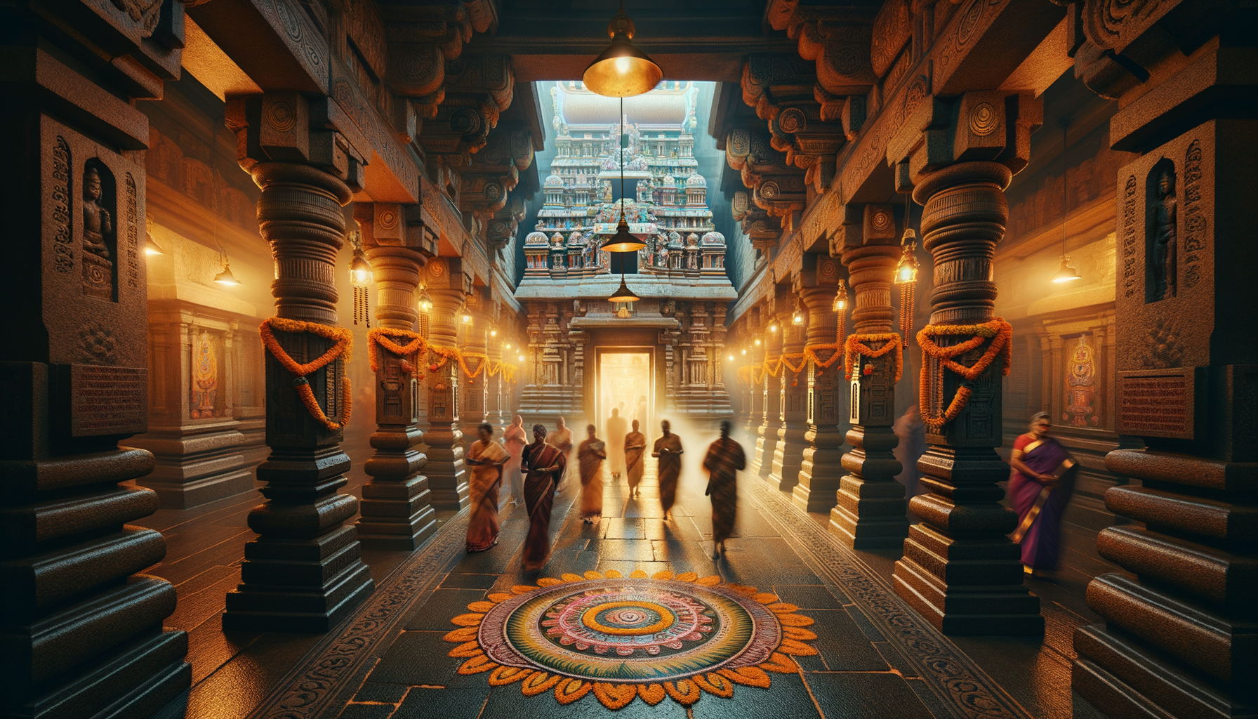 Interior of a South Indian Dravidian temple with carved stone pillars, marigold garlands, brass lamps, and a circular rangoli as devotees walk toward a glowing doorway and gopuram; travel, culture, architecture.