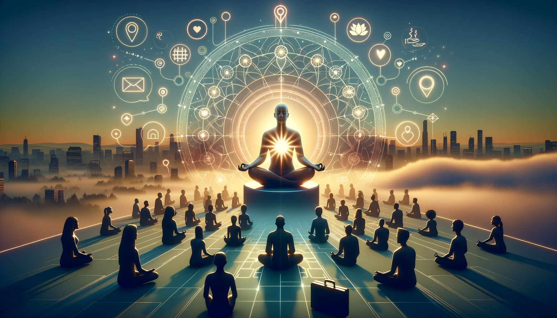 Sunrise over a futuristic city as a radiant meditating figure glows at center, encircled by tech icons, while dozens of silhouettes sit in meditation on a grid plaza, blending mindfulness and technology.