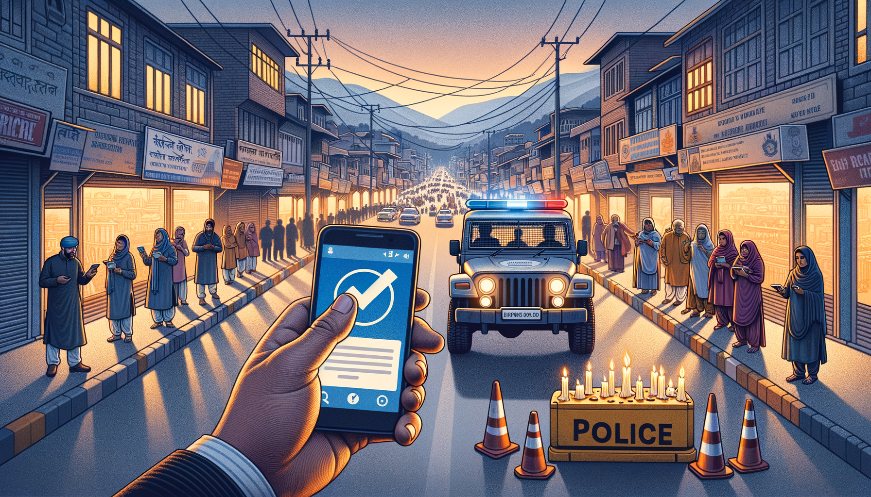 Dusk on a South Asian city street with a police jeep at a barricade, candles and cones ahead, residents lining sidewalks on phones, and a foreground hand showing a fact‑checking app for digital security and public safety.