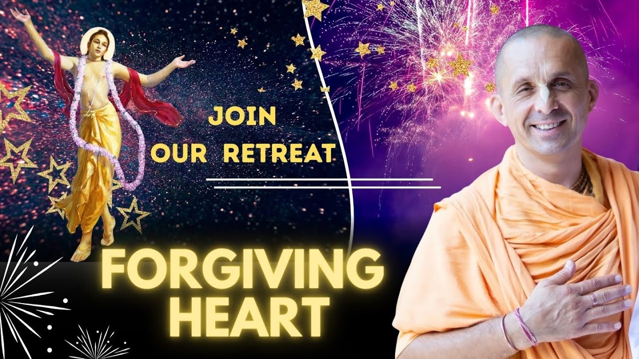 UK retreat poster for 'Forgiving Heart' (2–5 Jan 2026): smiling monk in saffron, fireworks and stars, and a devotional figure; large text 'Join our retreat'; keywords: Patri prabhu, testing.