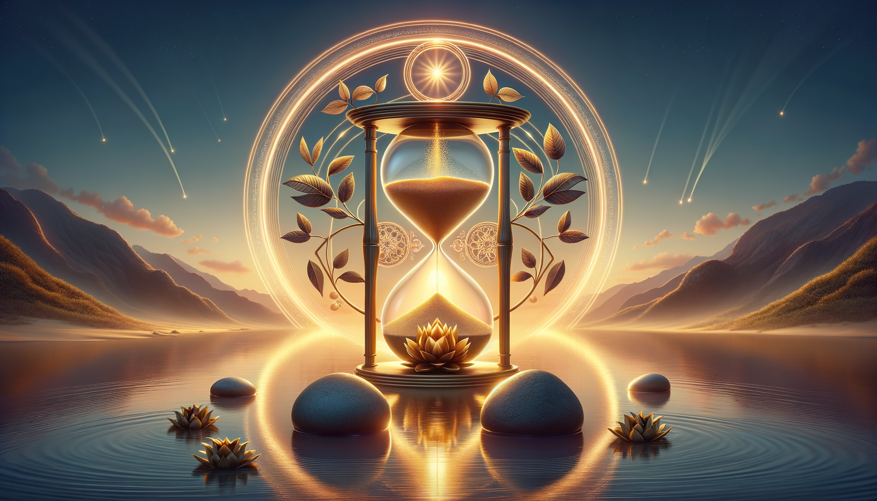 Radiant hourglass above still water at dusk, ringed by golden halos, leaves, and lotus blooms; mountains and meteor trails beyond—evoking time, balance, and focus for {post.categories}.