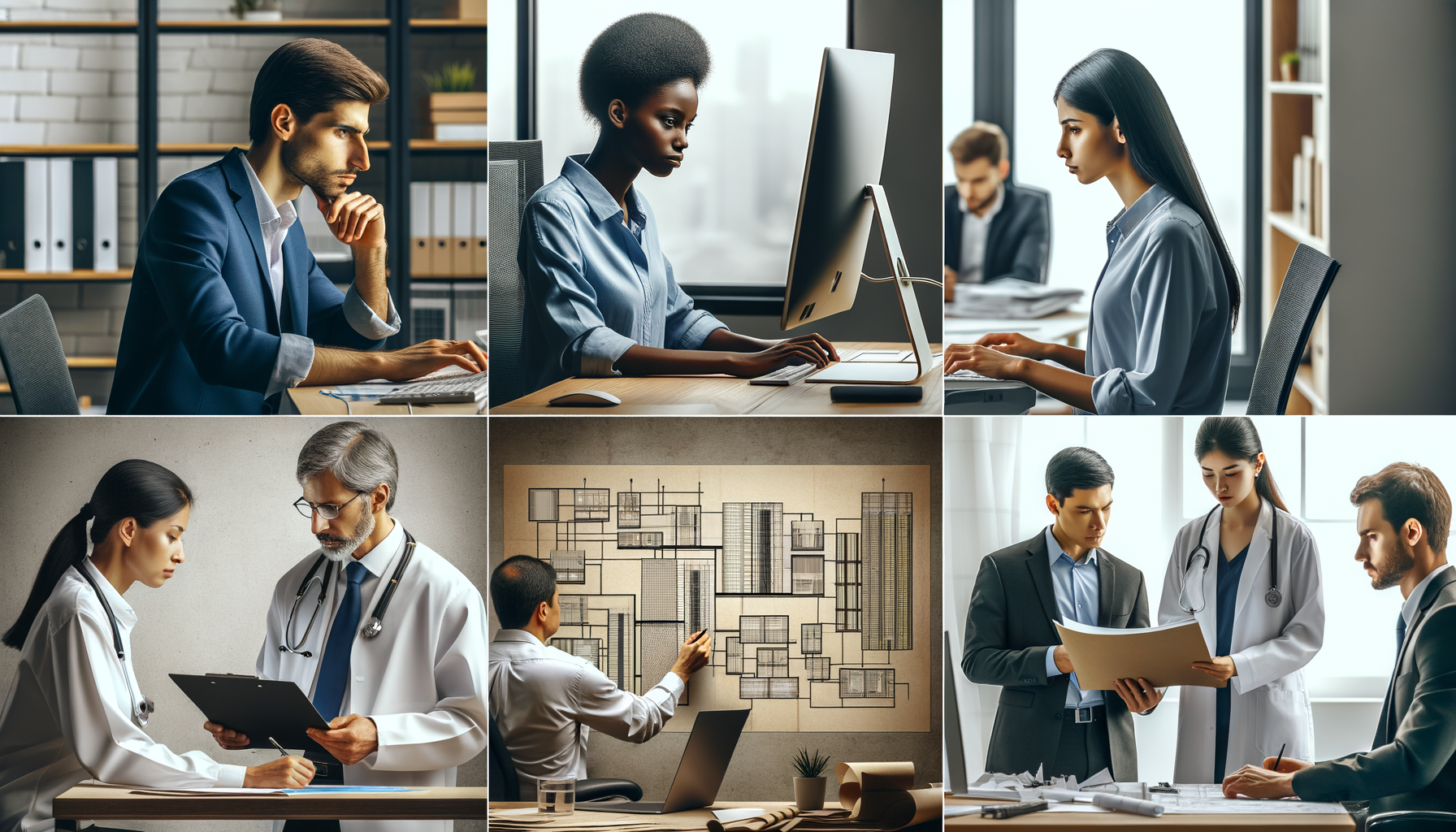 Collage of professionals at work: office staff typing at computers, doctors reviewing charts, and an architect sketching building plans, illustrating workplace productivity, collaboration, business strategy, healthcare, and architecture design.