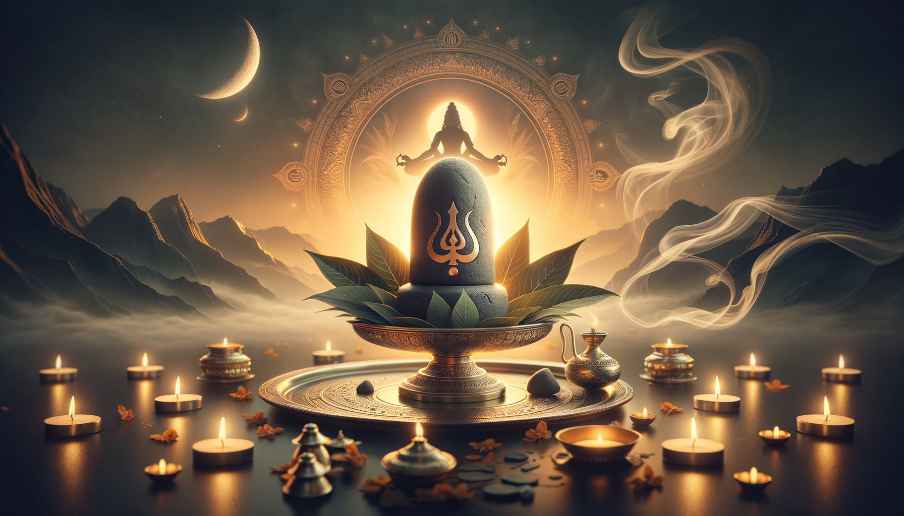 Brass pedestal holds a Shiva lingam etched with a trishul, encircled by leaves, oil lamps, and incense; misty mountains and a crescent moon frame a glowing meditative deity silhouette.