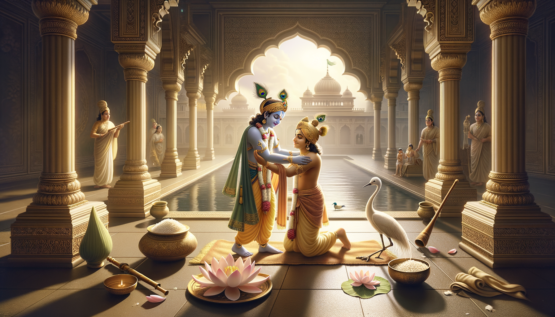 Sunlit palace courtyard where Krishna embraces a kneeling companion beside a reflecting pool; lotus flowers, rice offerings, a flute, garlands, and a white heron adorn the scene; {post.categories}, Hinduism, bhakti.