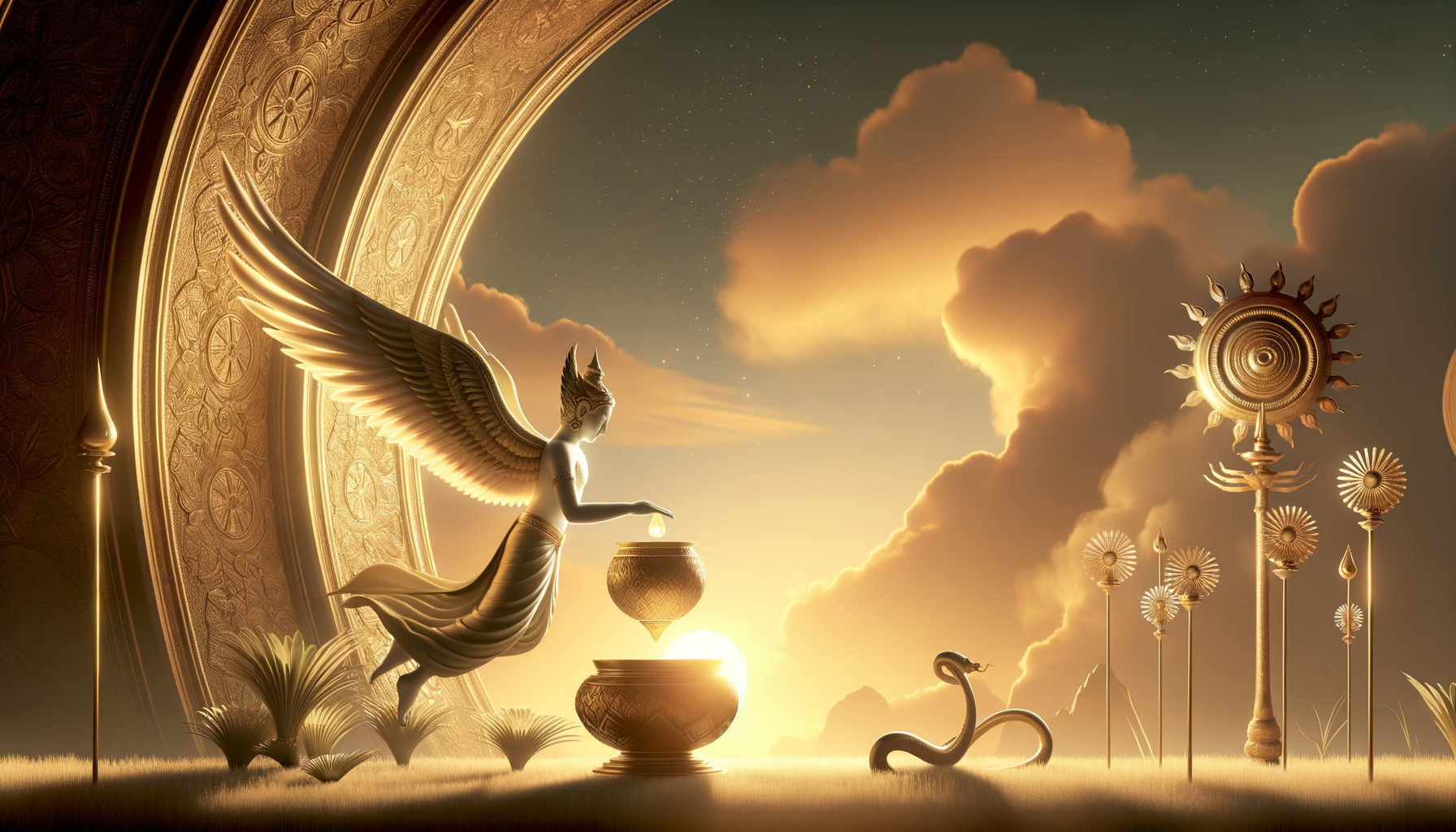 Golden surreal scene with a winged figure dropping a glowing droplet into a floating urn at sunrise, framed by ornate arches, sun-topped totems, soft grasses, and a watchful coiled serpent.