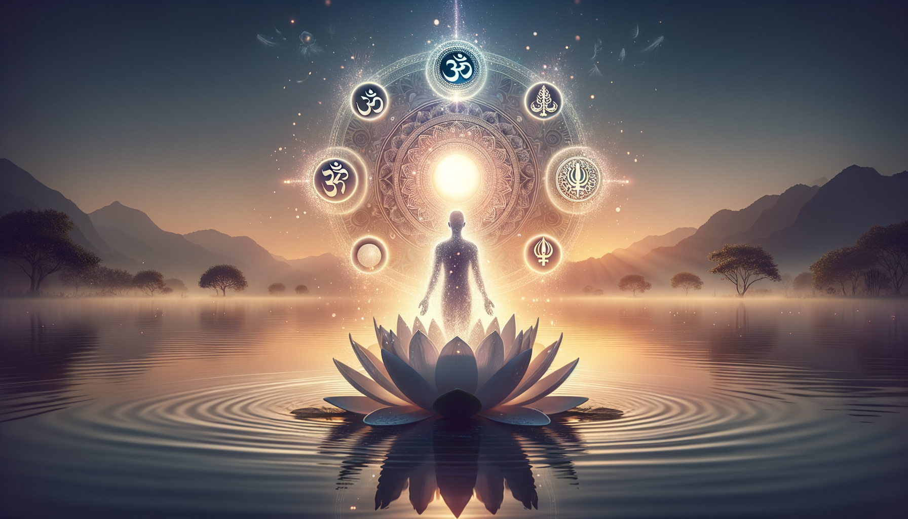 Glowing figure meditating on a lotus over calm water at sunrise, encircled by a luminous mandala and sacred symbols, with misty mountains and trees, evoking spirituality, meditation, and yoga.