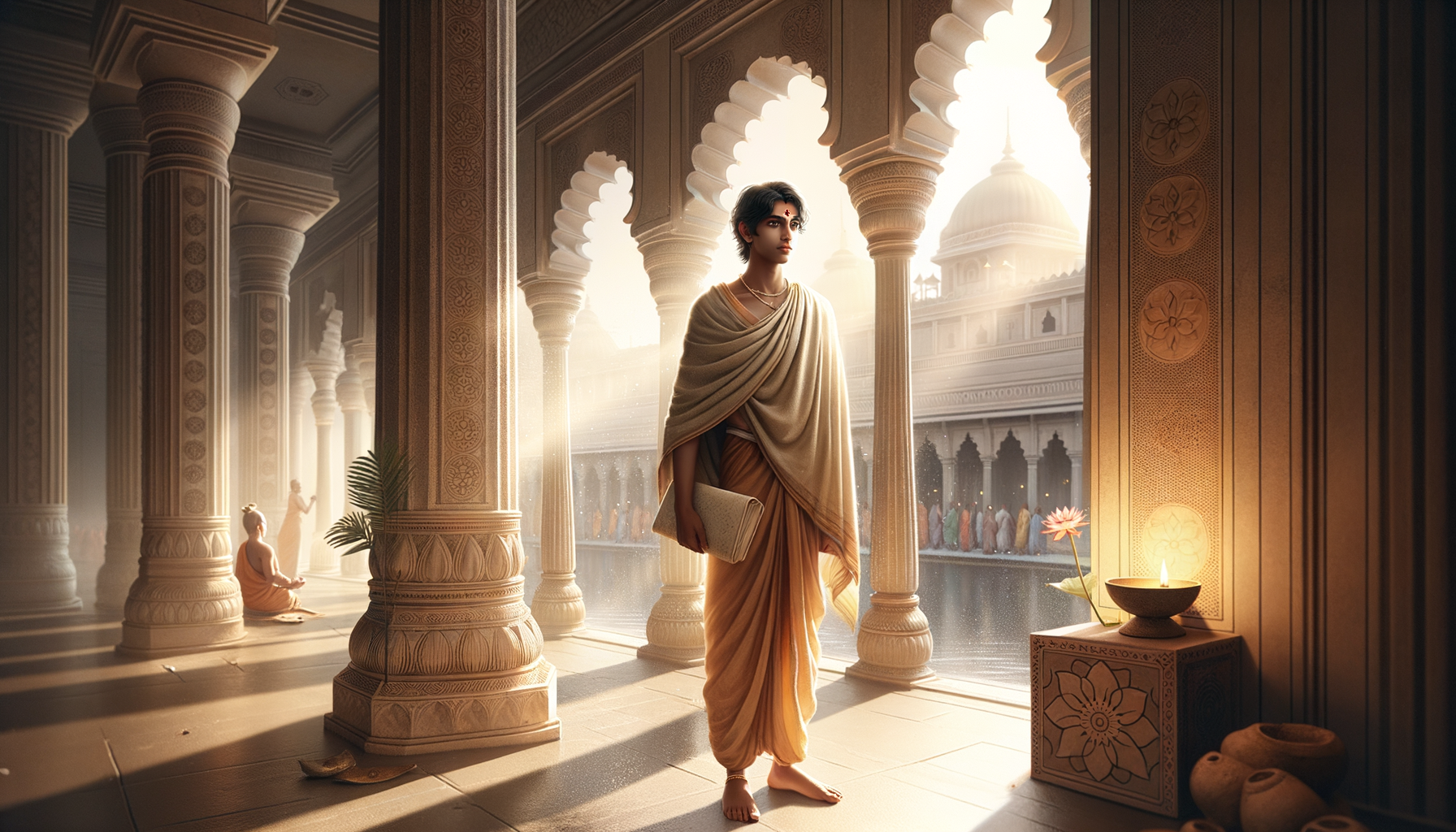 Sunlit temple corridor with ornate arches and carved columns; a robed student holds a manuscript beside a reflective pool, while a lotus and oil lamp glow and monks meditate in the distance. {post.categories}