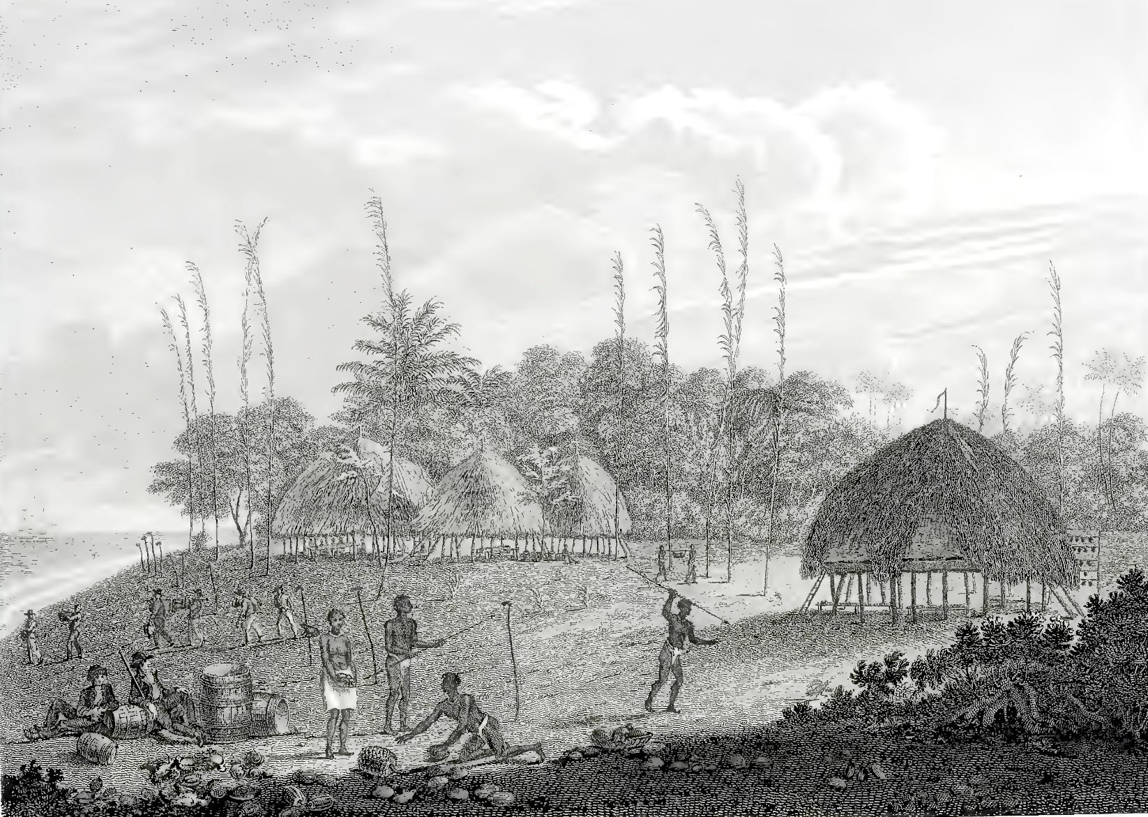 Antique engraving of a tropical shore village with palm trees, thatched huts on stilts, Indigenous residents working, and a few European visitors unloading barrels and gear.