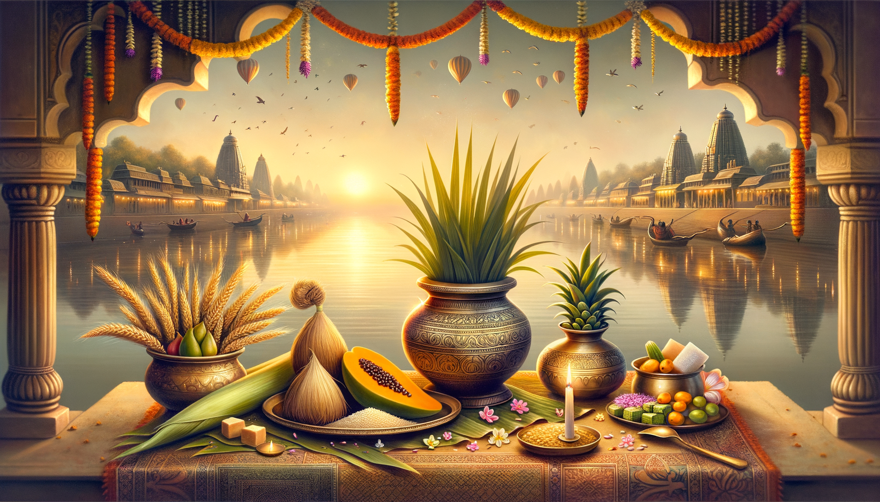 At dawn on a temple-lined river, boats glide beneath marigold garlands; a harvest puja display shows a kalash with leaves, sugarcane, grains, papaya, pineapple, Indian sweets, and a glowing diya.