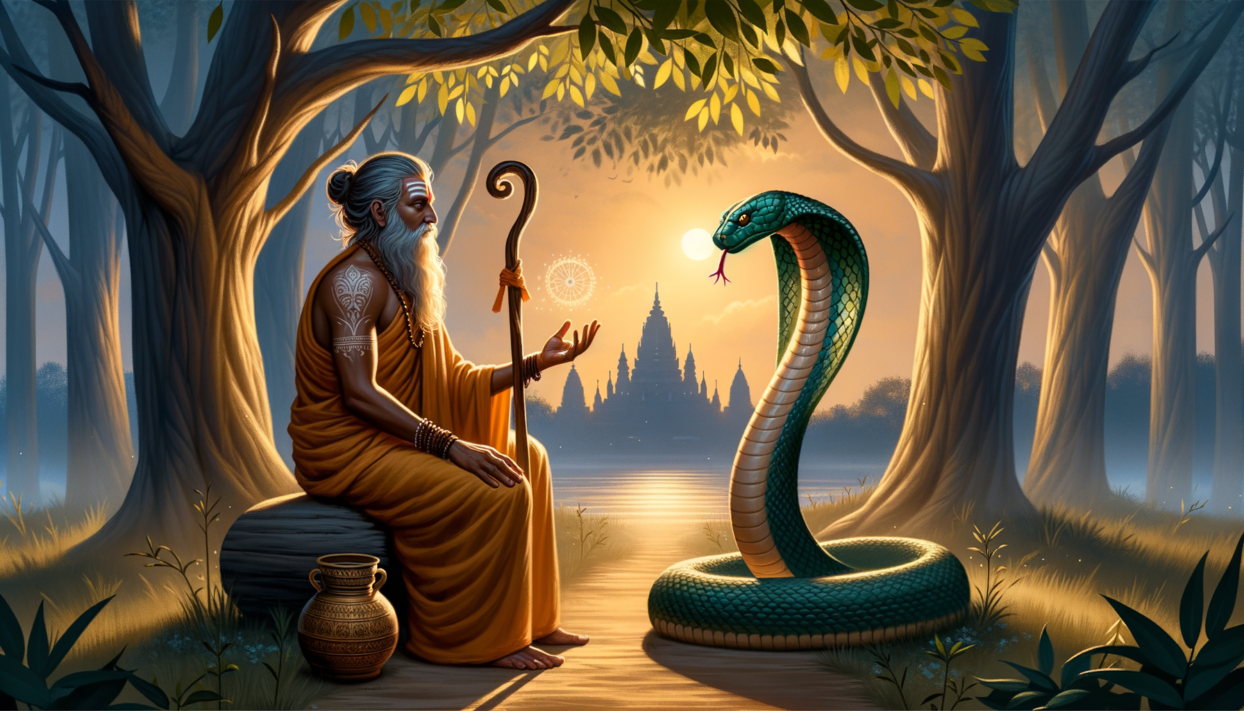 Illustration of a serene sage in saffron robes under forest trees, meeting a raised green cobra at sunset beside a river, with distant temple spires silhouetted in golden light.