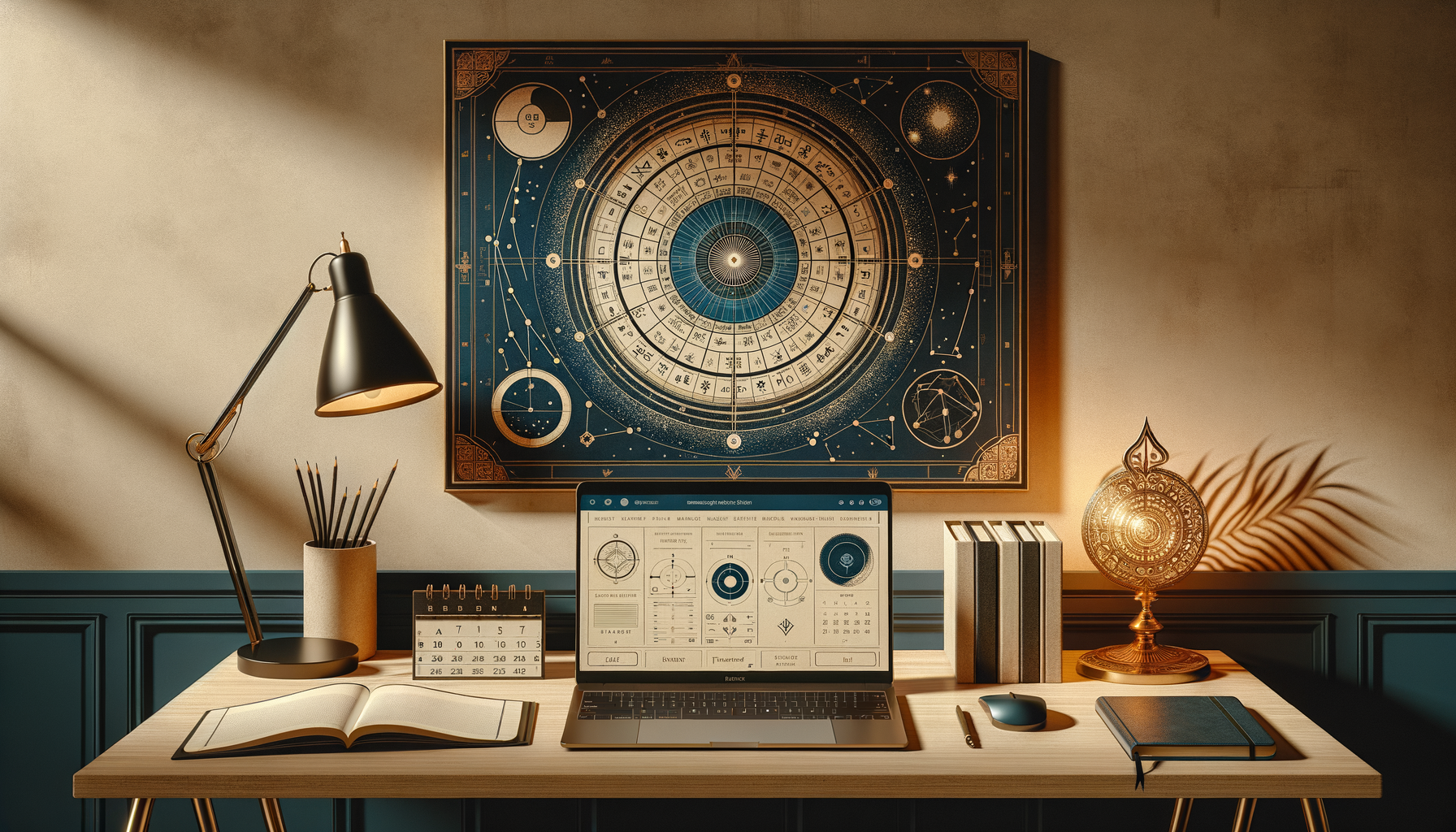 Warm-lit home office with a laptop displaying an astrology dashboard beneath a blue-gold zodiac star map; desk lamp, pencils, open notebook, calendar, and brass astrolabe ornament. {post.categories}