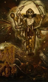 Painting of a multi-armed deity before a starry cosmos, with animals and human life stages depicting samsara, the cycle of birth, death, and rebirth, expressed through Vedic Hindu art. Articles, Praghosa Dasa