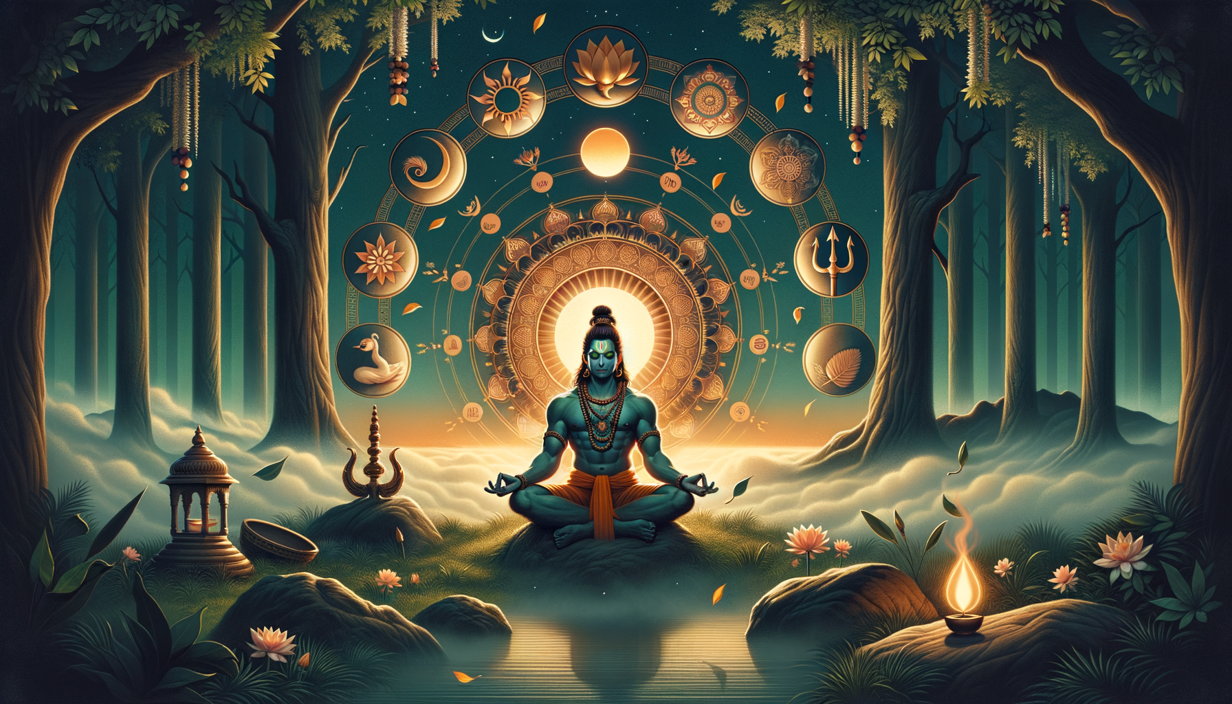 Illustration of Lord Shiva meditating in a misty forest, ringed by a radiant mandala with lotus, sun, moon, zodiac motifs, trishul and damaru, with diyas and water lilies—spirituality, Hinduism, meditation, yoga.