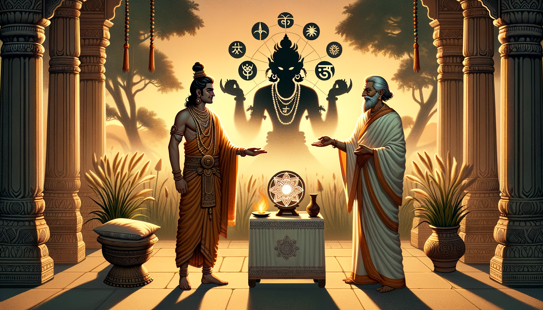 Two figures in traditional robes face each other at dawn in a temple courtyard beside a glowing altar and lotus yantra; behind them a many-armed deity silhouette with sacred symbols suggests Hindu philosophy and Vedic wisdom.