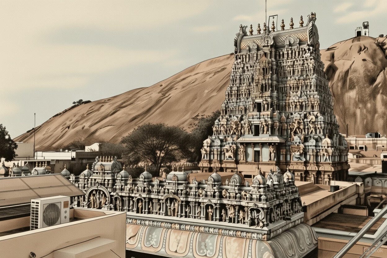 Dravidian-style Hindu temple gopuram in Tamil Nadu, richly carved with deities, rising above city rooftops before a rocky hill; a visual anchor for discussion of Tamil Nadu politics.