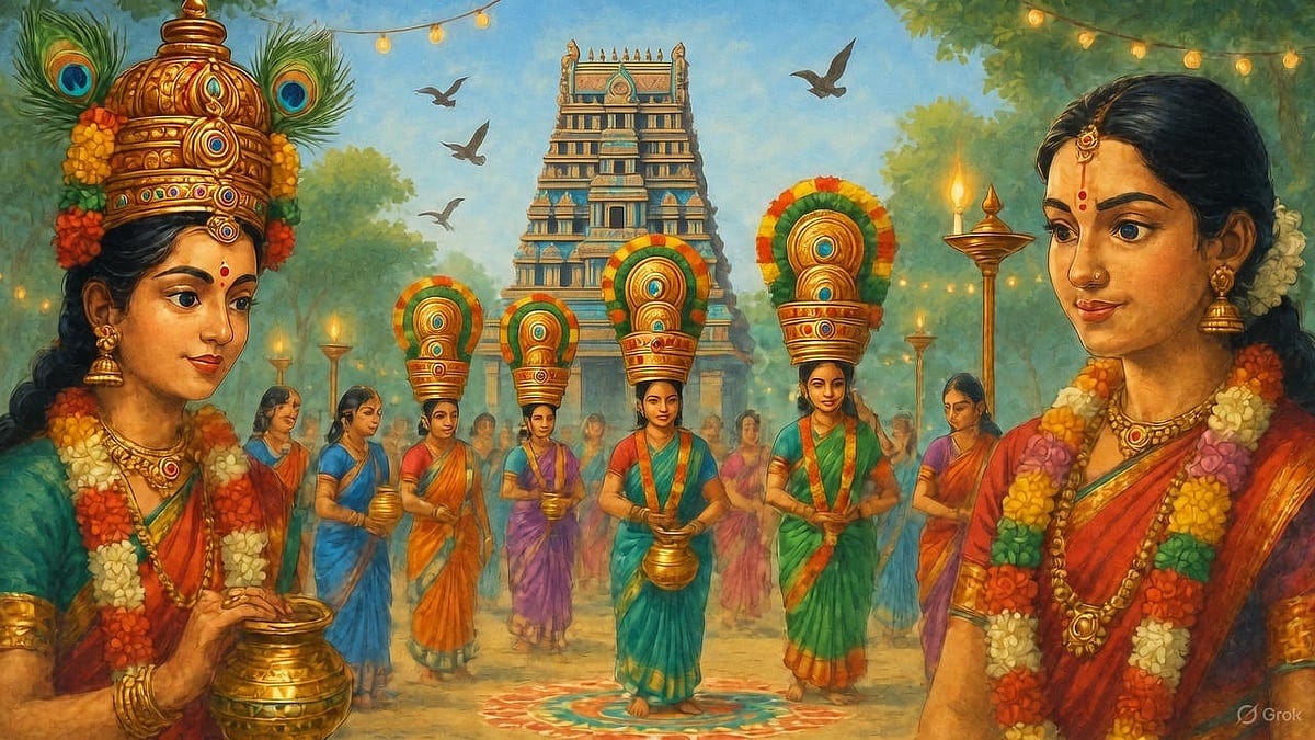 South Indian temple festival illustration: women in colorful sarees carry brass pots and ornate headgear before a towering gopuram, garlands and oil lamps glow at dusk; vibrant Hindu Tamil culture.