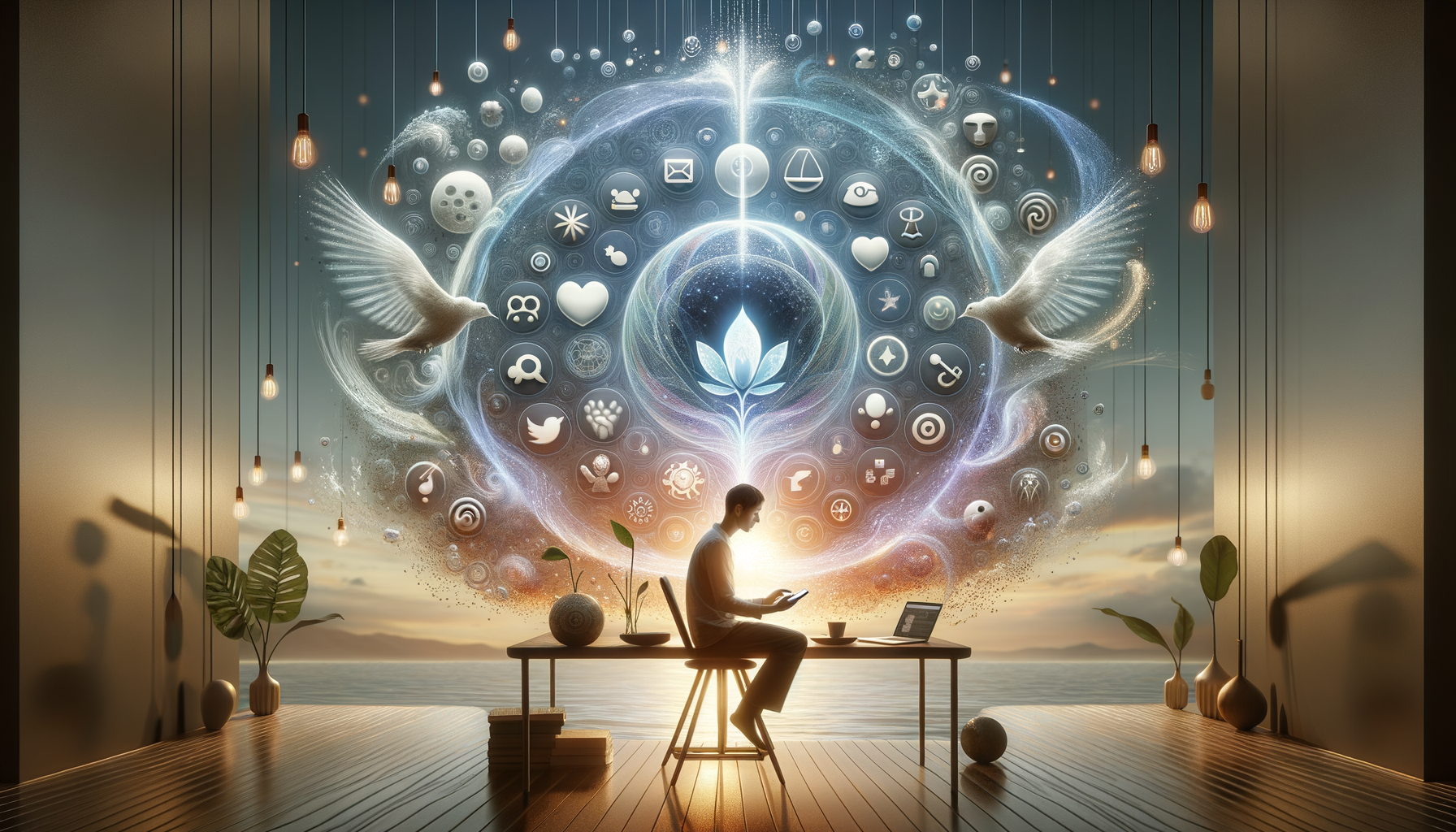 A person at a minimalist desk by the water uses a phone near a laptop as glowing app icons, a central sprouting seed, and two white doves surround them, suggesting mindful technology and balance.