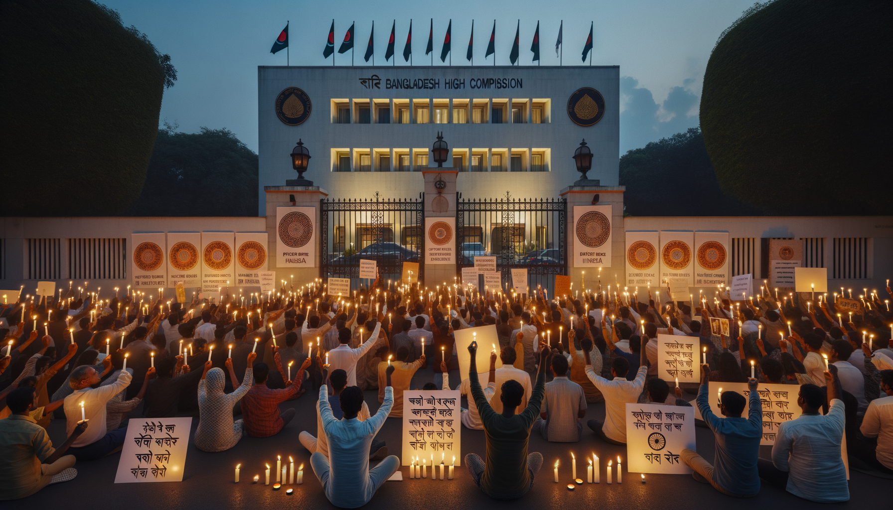Large candlelight vigil outside the Bangladesh High Commission at dusk, with a seated crowd holding candles and protest placards before the gated entrance lined with national flags.