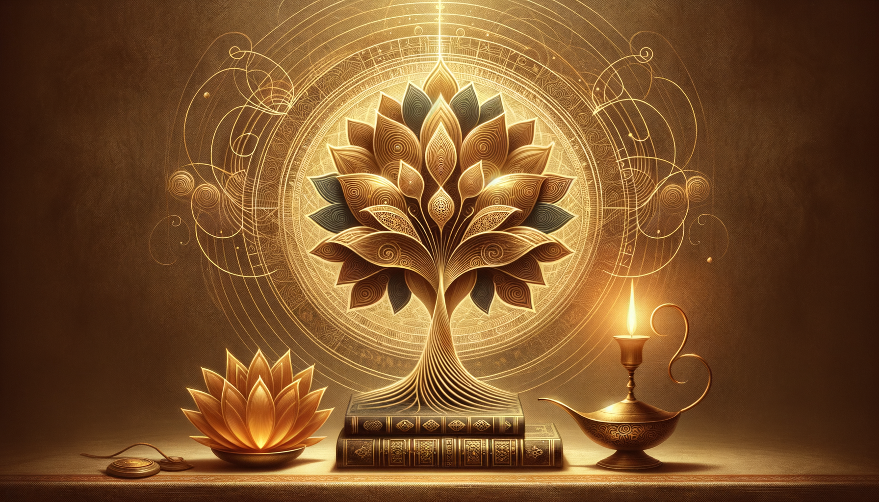 Gold-toned artwork of a tree of life centered within an ornate mandala, set above stacked books, with a glowing lotus at left and oil lamp at right; symbolism for {post.categories}.