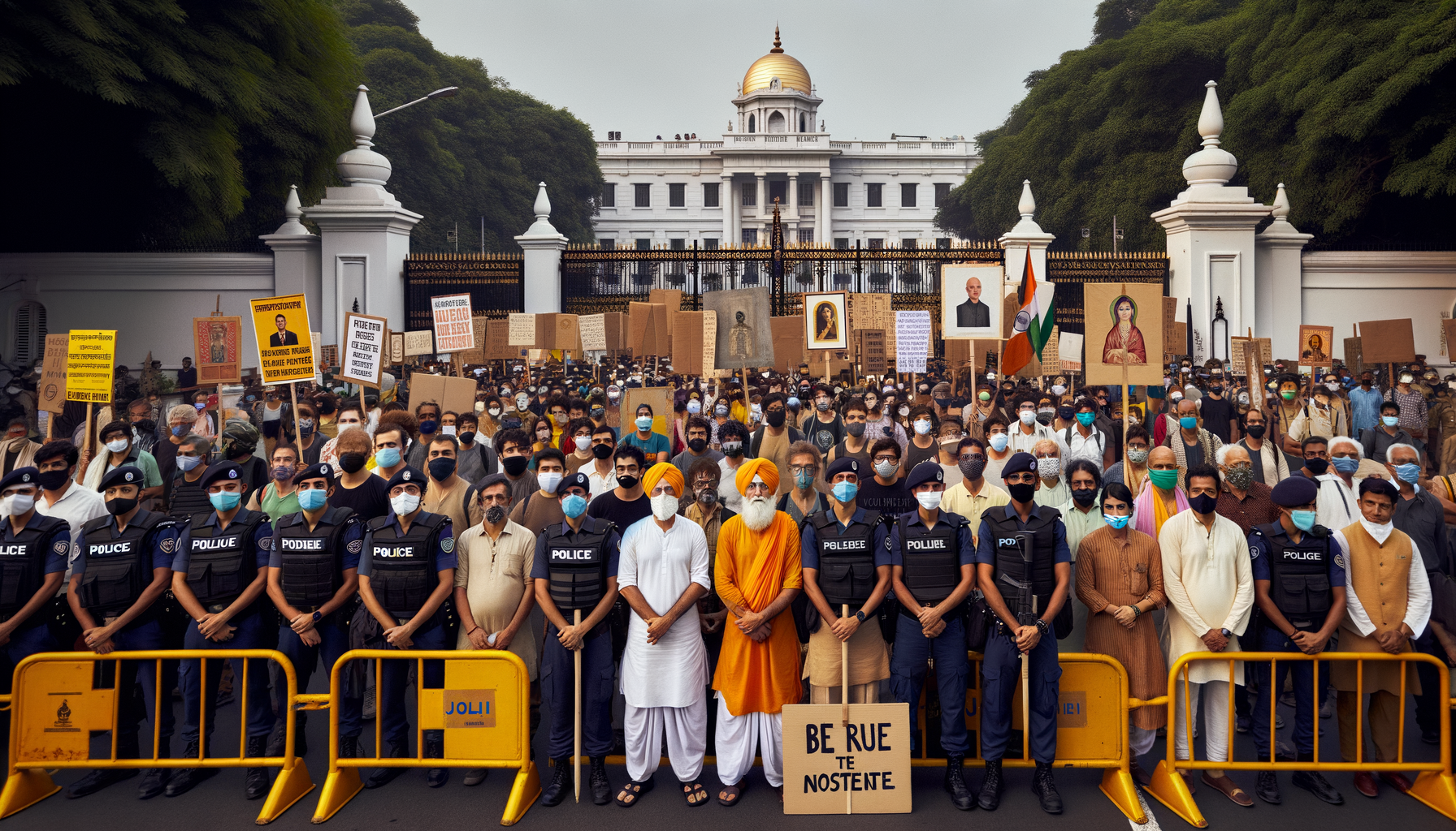 Large masked crowd stages a peaceful protest outside a white-domed government building, with police and barricades in front, placards raised, and an Indian flag visible.