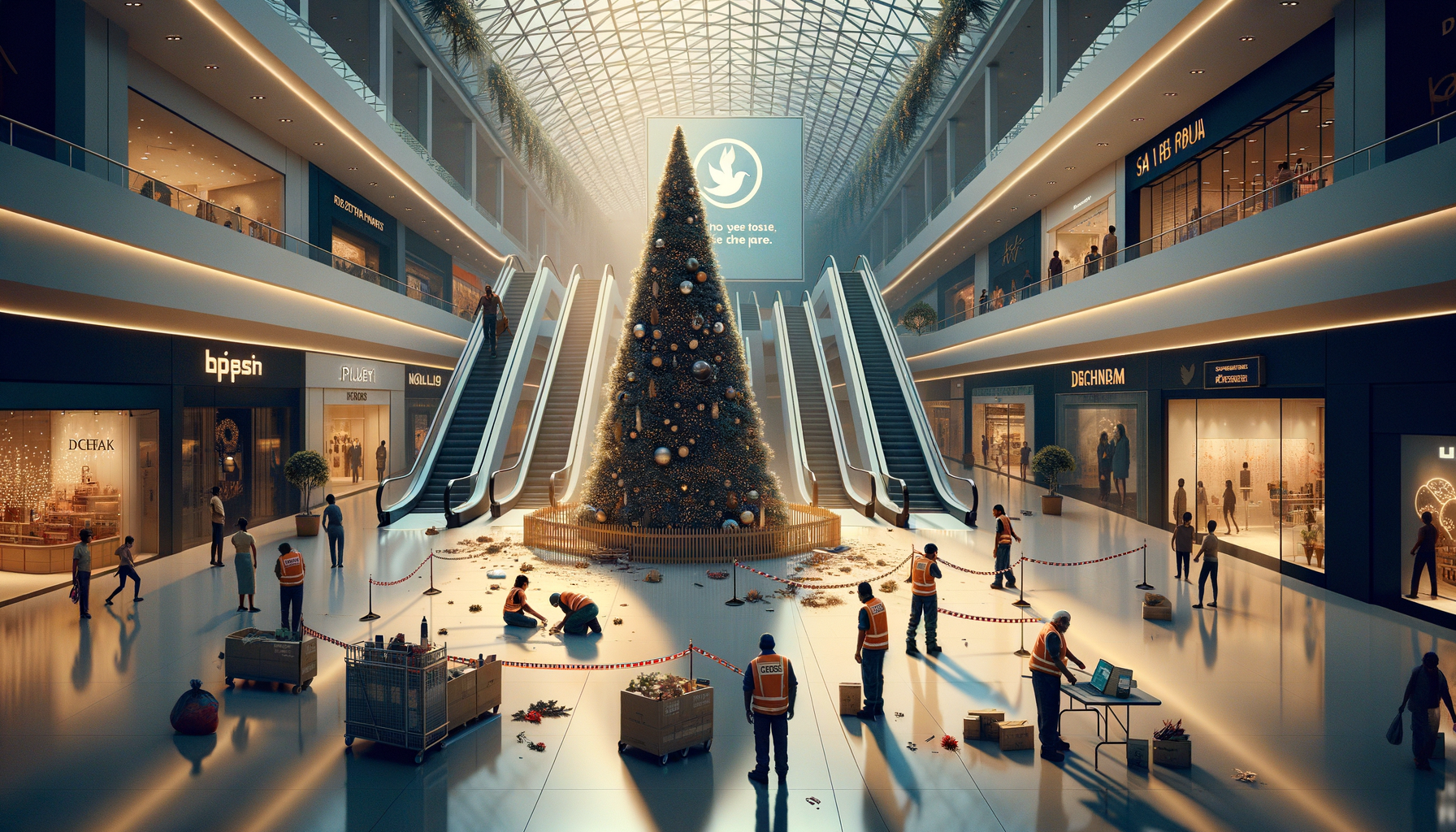 Wide shopping mall atrium under a glass roof with a towering Christmas tree. Workers in orange vests set up decorations behind safety tape, with carts, boxes, and tools scattered near the escalators.