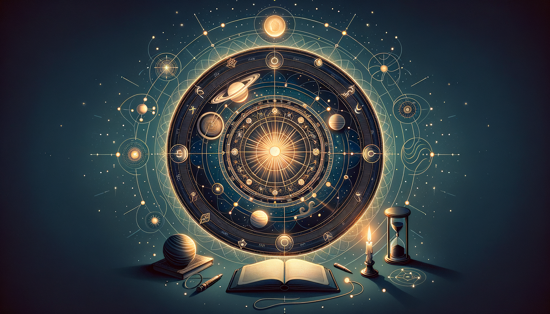 Intricate celestial illustration of a glowing zodiac wheel with twelve signs and planets around a radiant sun, plus symbols, open book, candle, pen, and hourglass—astrology, horoscope, natal chart.