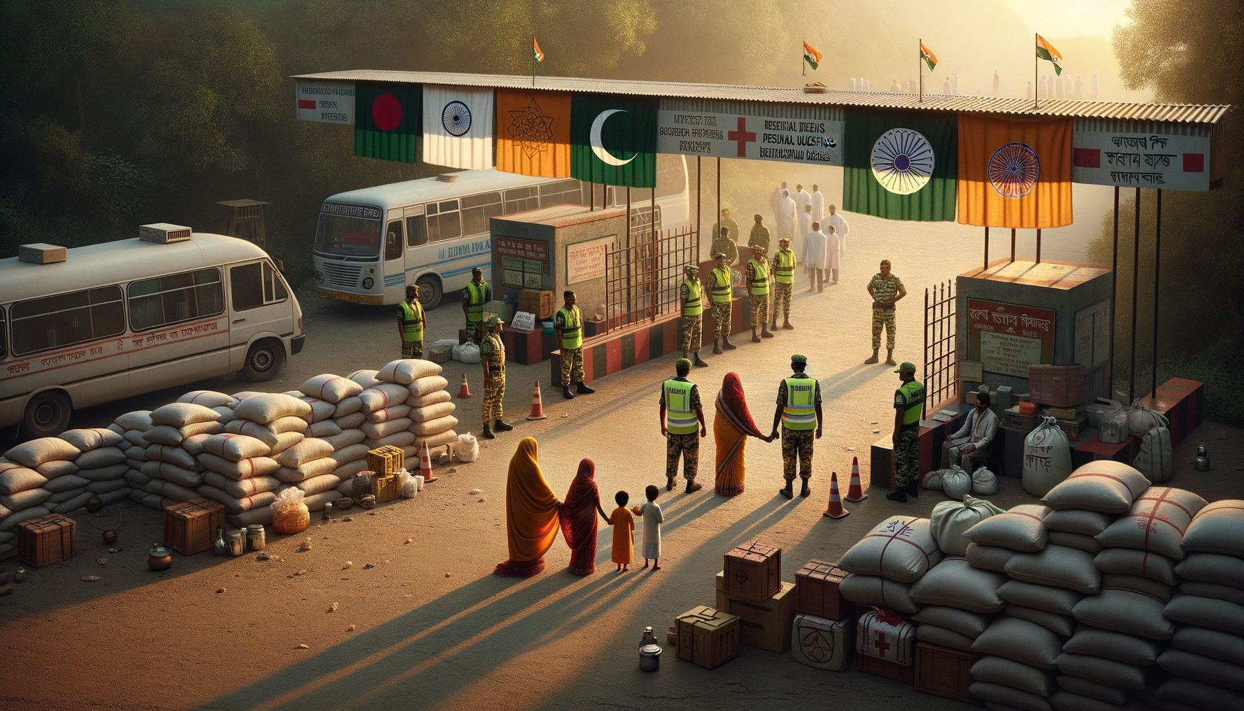 South Asian border checkpoint at dawn with India, Pakistan and Bangladesh flags. Aid workers guide families past relief supplies and buses; focus on border security and humanitarian aid.