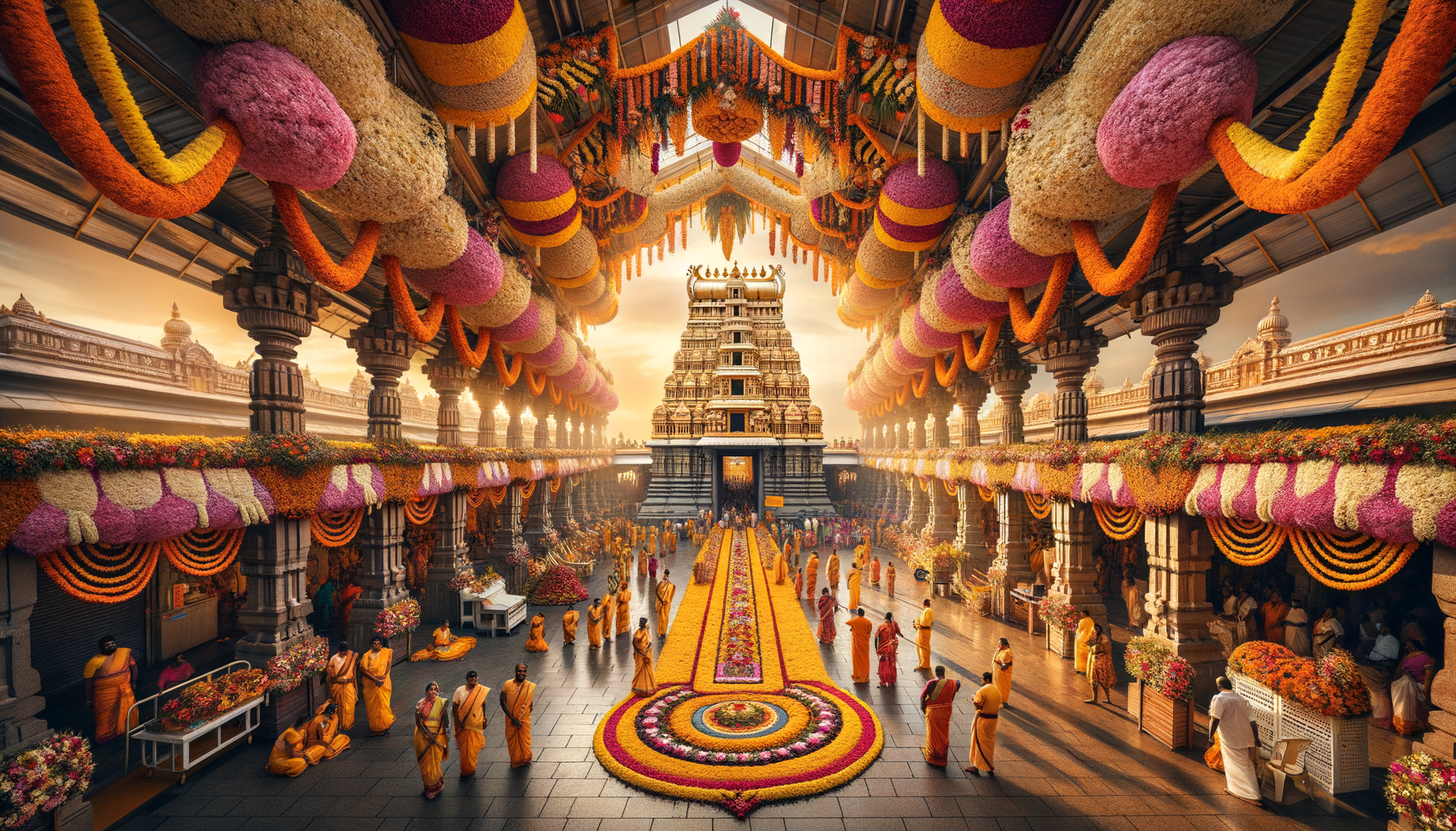Temple courtyard at sunrise, draped with marigold and jasmine garlands, a long floral rangoli path, and devotees in saffron robes gathering before a towering gopuram for a vibrant festival procession.