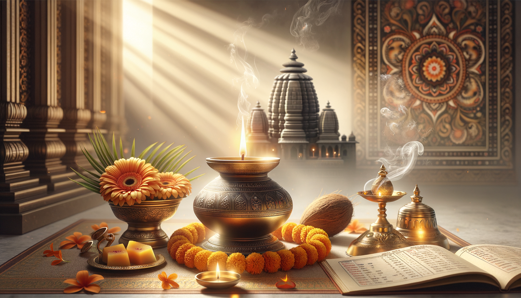Sunlit Hindu temple altar with a lit diya, ornate kalash, marigold garland, coconut, incense smoke, flowers, sweets, and an open prayer book set before carved pillars and a mandala wall.