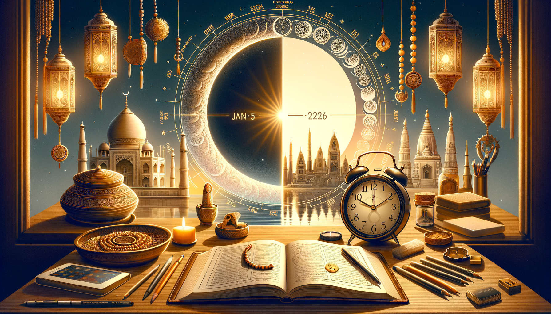 Surreal desk scene with Indian lanterns, temples, an open book, prayer beads, and a clock before a giant lunar-solar calendar wheel dated Jan 5, 2226, blending astronomy and culture.