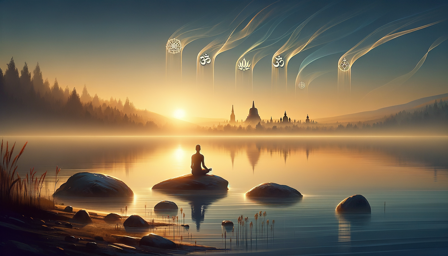 Solitary figure meditating on a rock in a mirror-smooth lake at sunrise, with misty pines and distant temple spires; flowing lotus and Om symbols drift overhead, echoing calm mindfulness and spiritual wellness.