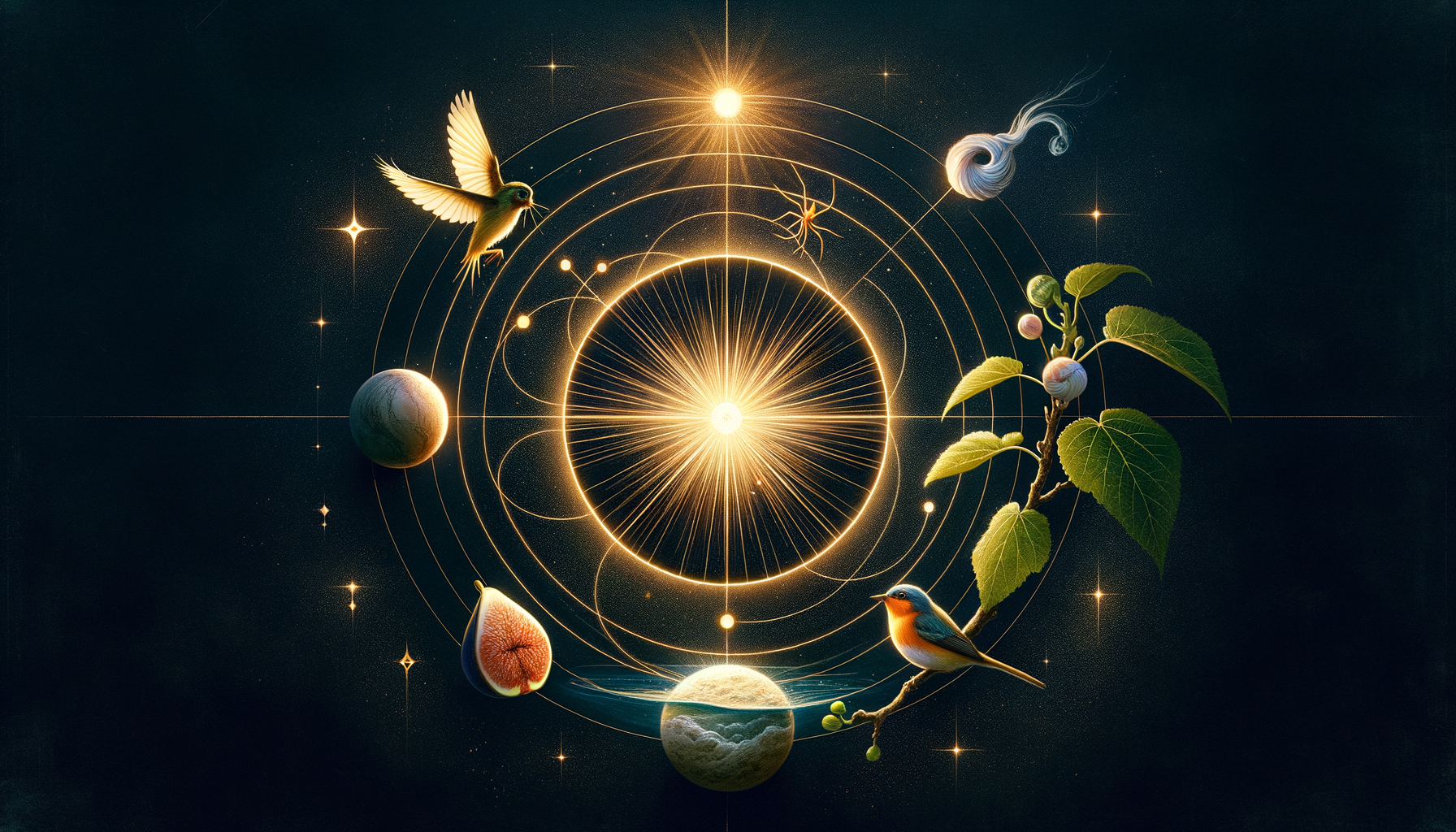 Radiant sun with concentric orbits on a dark sky, ringed by tiny planets, stars, and atom-like paths. Birds, a fig, and a leafy branch arc around a thin water band, blending astronomy and nature.