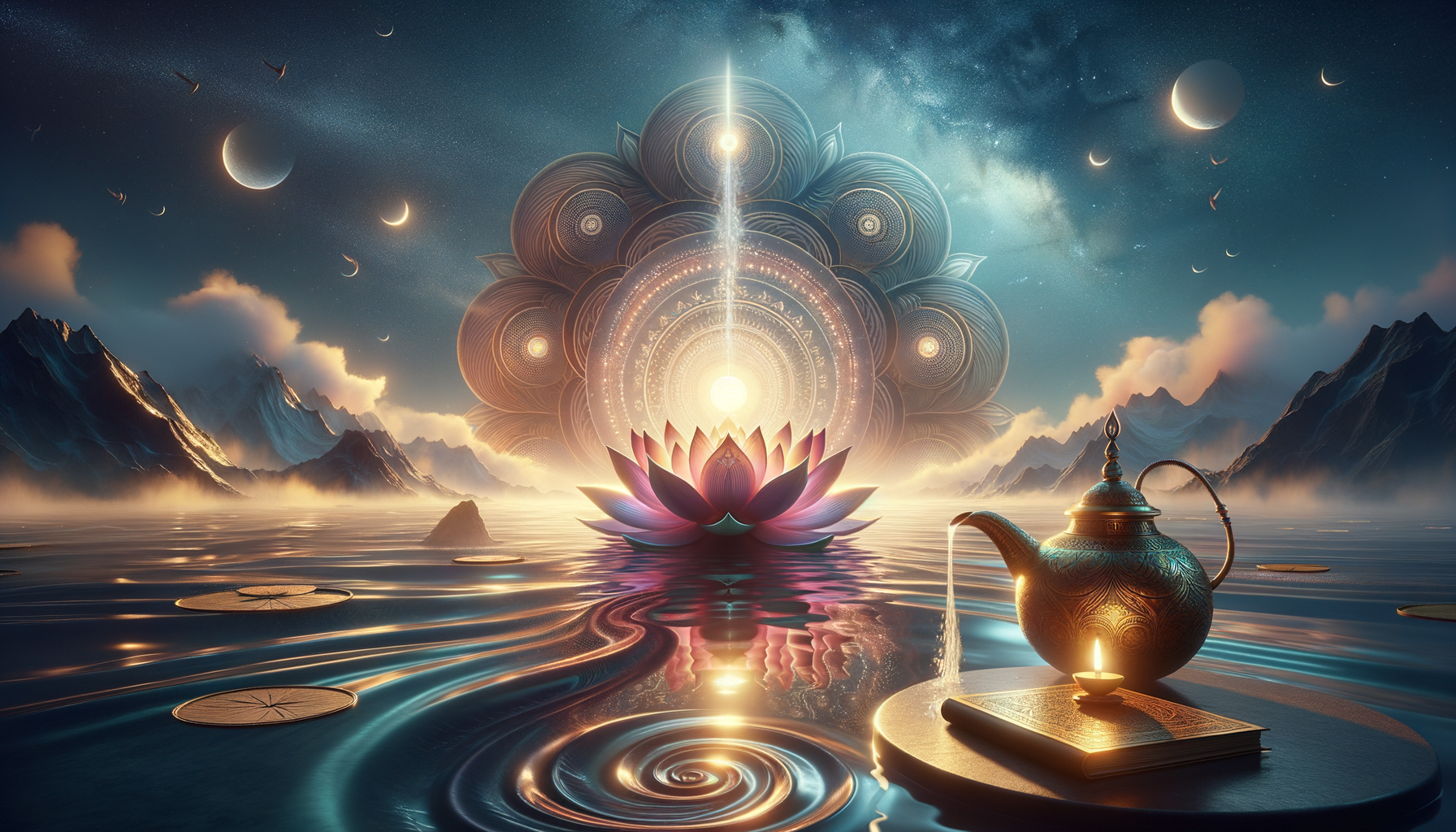 Luminous surreal night scene: a glowing lotus on calm water before a radiant mandala and vertical light beam; crescent moons arc across a starry sky; an ornate brass teapot, candle, and book rest in the foreground.