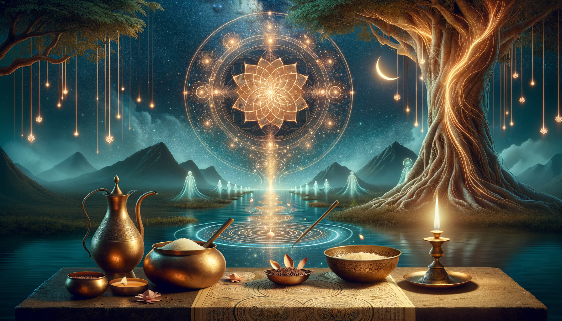 Moonlit ritual scene with brass bowls, rice, an oil lamp, and spiced offerings on a stone table by a lake, beneath a glowing mandala and a tree of light, with mountains and stars mirrored on calm water.
