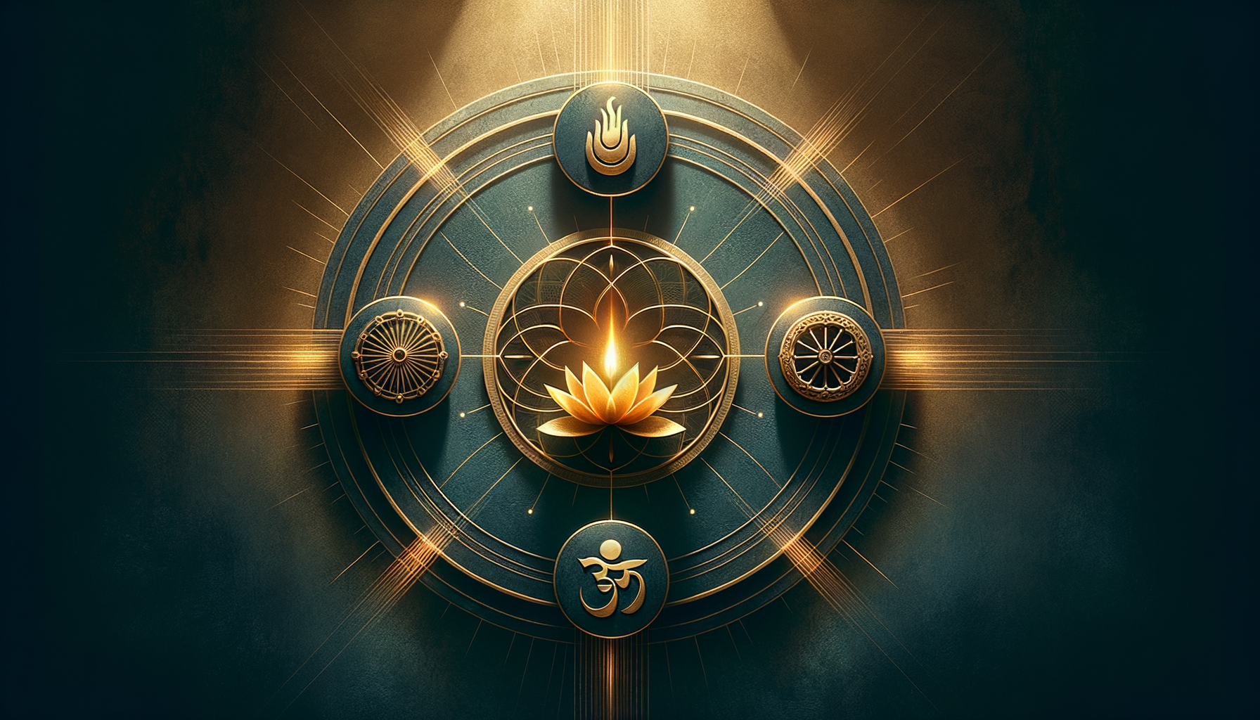 Golden lotus candle glows at the center of teal sacred geometry, encircled by radiant lines and medallions—a flame, two dharma wheels, and the Om symbol—evoking meditation, spirituality, yoga, and mindfulness.