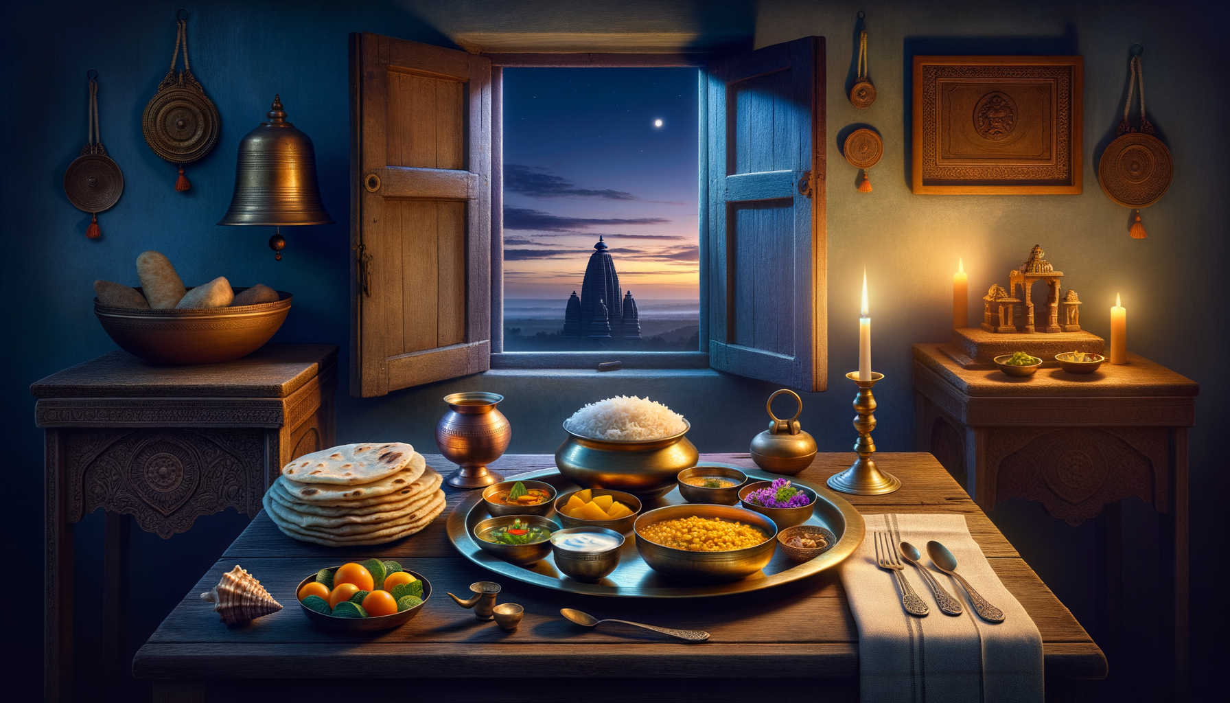 Candlelit Indian vegetarian thali on a carved wooden table: brass bowls of dal, rice, sabzi, yogurt, pickles, sweets and rotis, set by an open window that frames a twilight temple skyline with devotional decor.