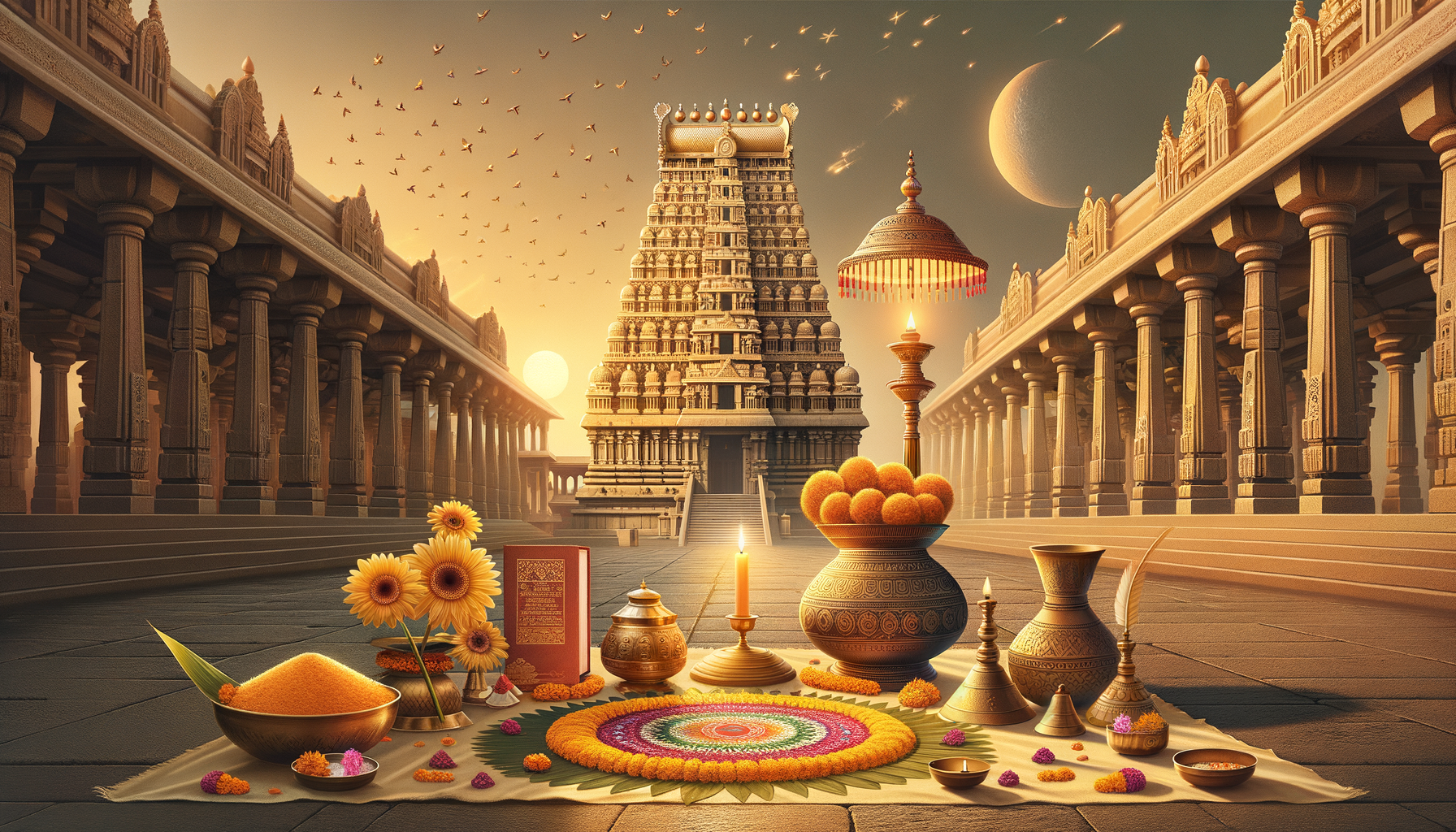 Golden-hour view of a South Indian stone temple with a towering gopuram and long colonnades. Foreground shows rangoli, marigolds, brass lamps, ladoo, and vessels arranged for puja beneath a crescent moon.