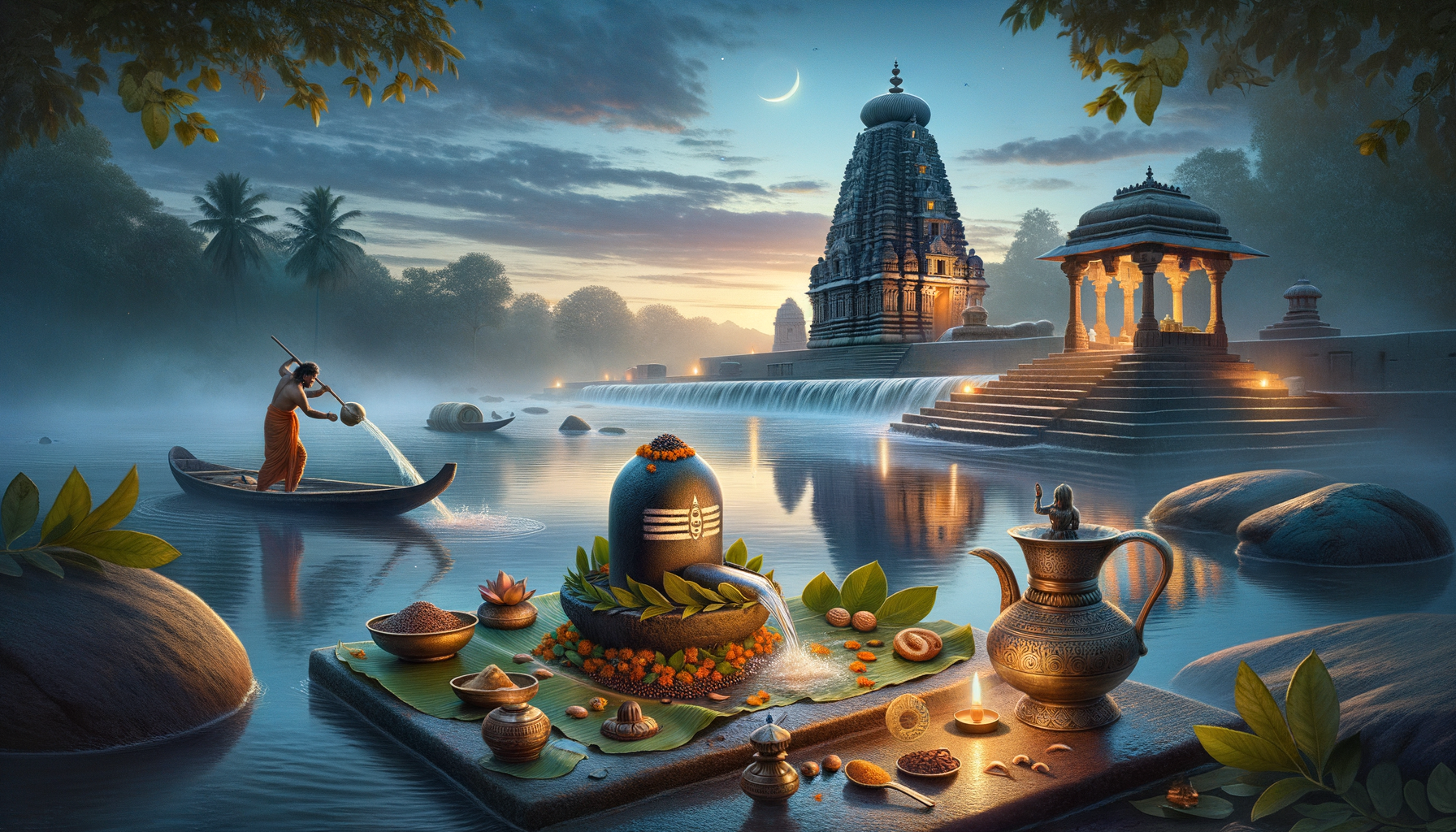 Riverside temple at dawn: a decorated Shiva lingam with flowers and offerings on banana leaves; a priest in a small boat pours water as lamps glow across shrines, waterfall steps, palm silhouettes, and a crescent moon.