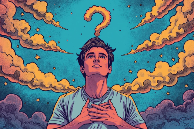 Illustrated person with hands on chest gazes upward as swirling clouds form a question mark, symbolizing uncertainty, surrender, mindfulness, and inner calm during life transitions and change.