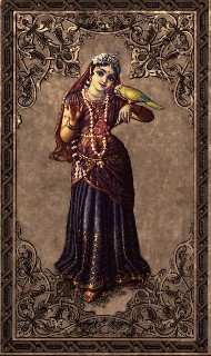 Devotional painting of a jeweled woman in ornate Indian dress, veiled and graceful, holding a green parrot within a floral frame; evokes Vaishnava bhakti, Krishna and Tulasi seva.