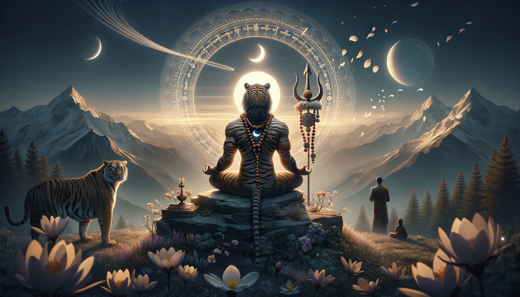 Surreal artwork of a tiger yogi meditating on a mountain ledge under a crescent moon and glowing mandala, with lotus blooms, a trident, a second tiger, and two monks; spiritual art, {post.categories}.