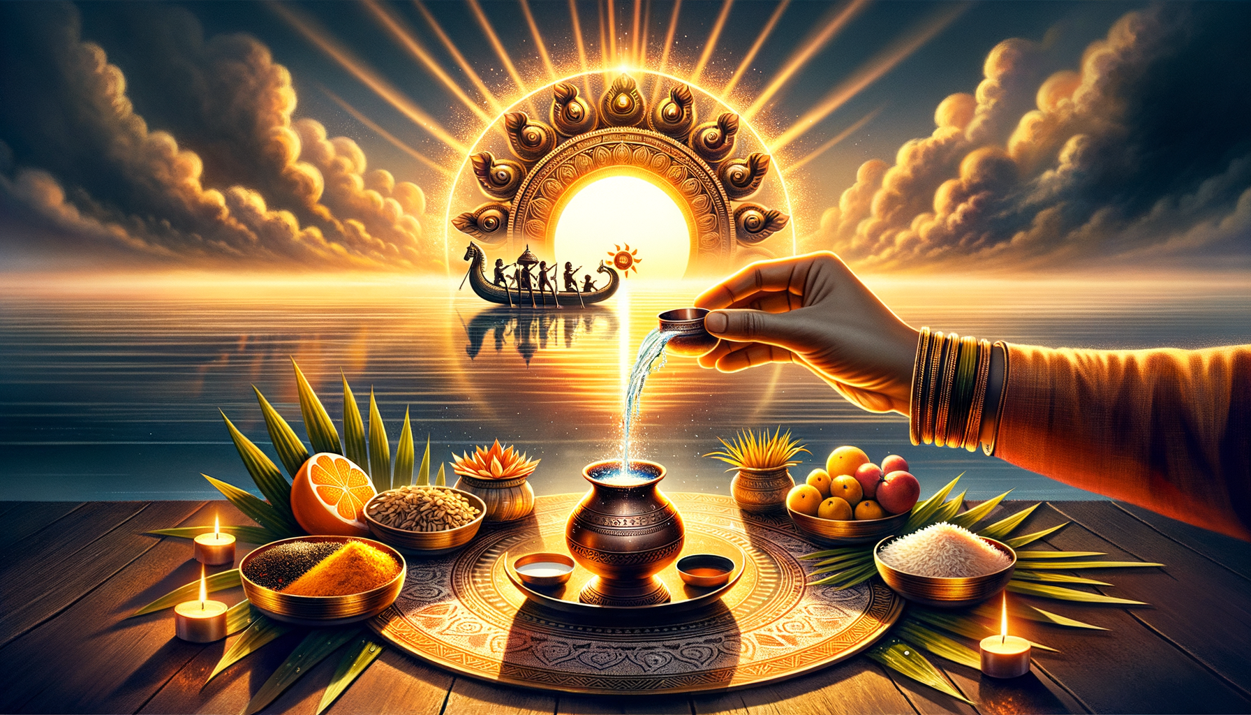Illustrated dawn ritual by a riverside: a hand pours water into a copper kalash on a puja thali with diyas, fruits, rice, and grains, while a radiant sun and distant boat silhouette glow—Hindu festival Sun worship.