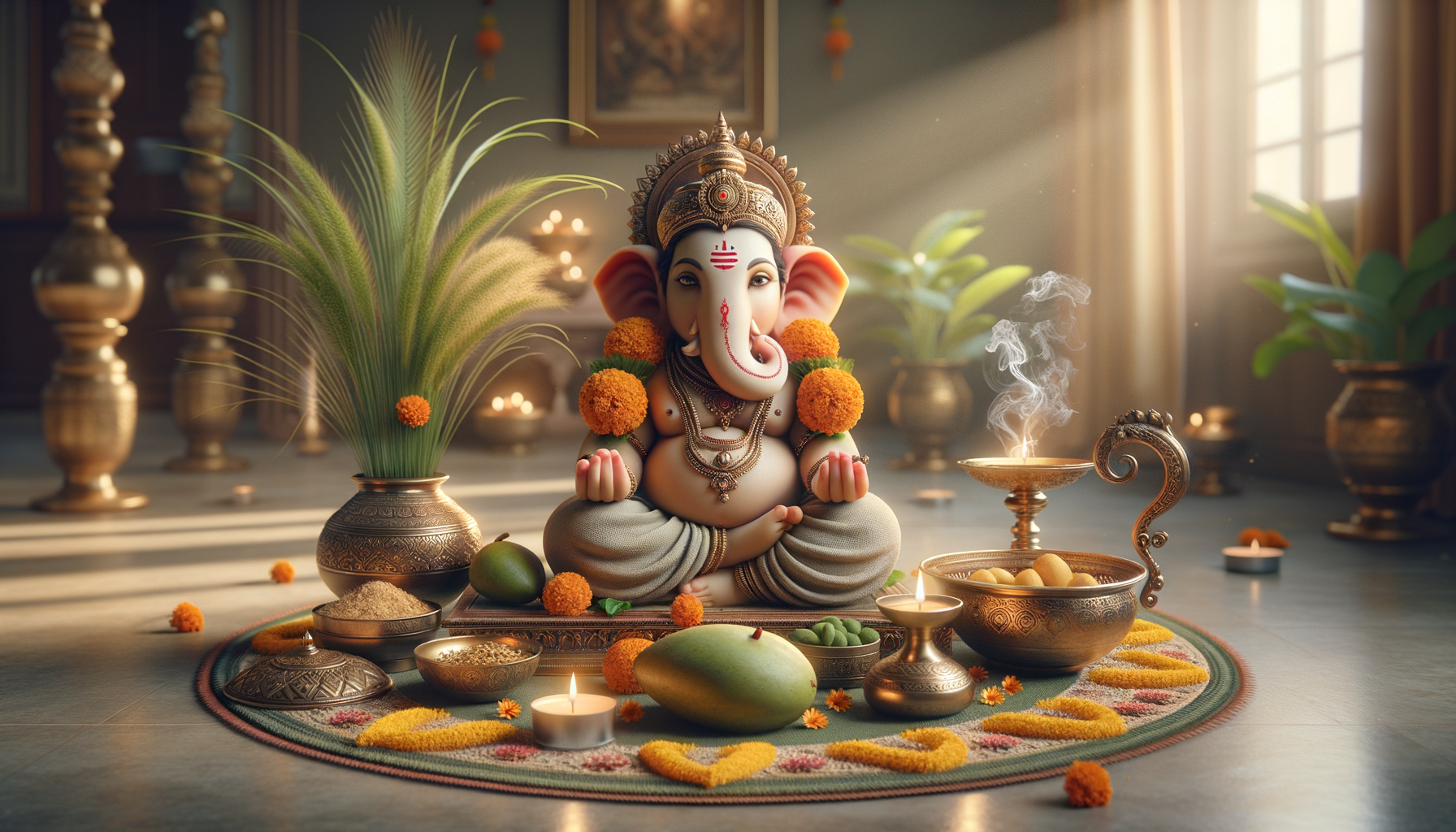 Sunlit home altar with Lord Ganesha idol, marigold garlands, brass diyas, incense smoke, modak sweets, mangoes, and a floral rangoli, capturing a serene Ganesh Chaturthi puja scene.