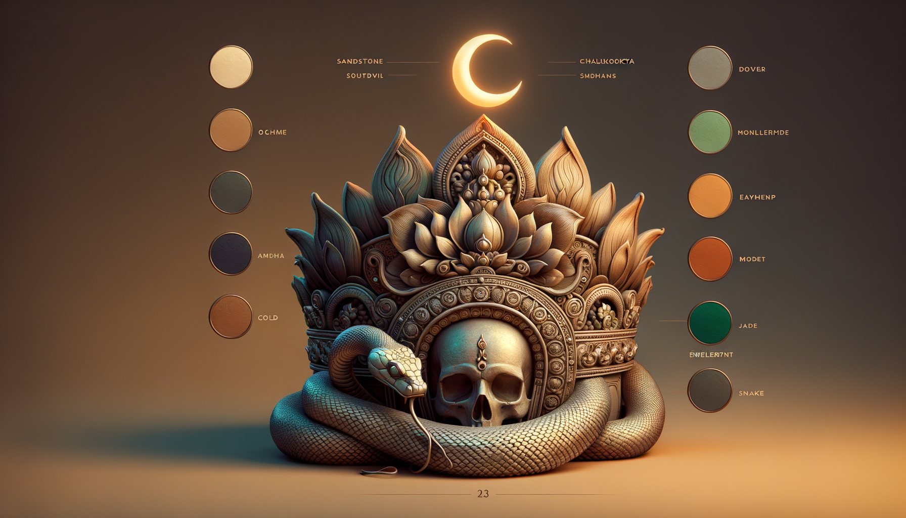 3D render of an ornate lotus crown framing a skull while a detailed serpent coils around the base, set beneath a glowing crescent moon, with labeled color swatches of warm and cool tones on both sides.
