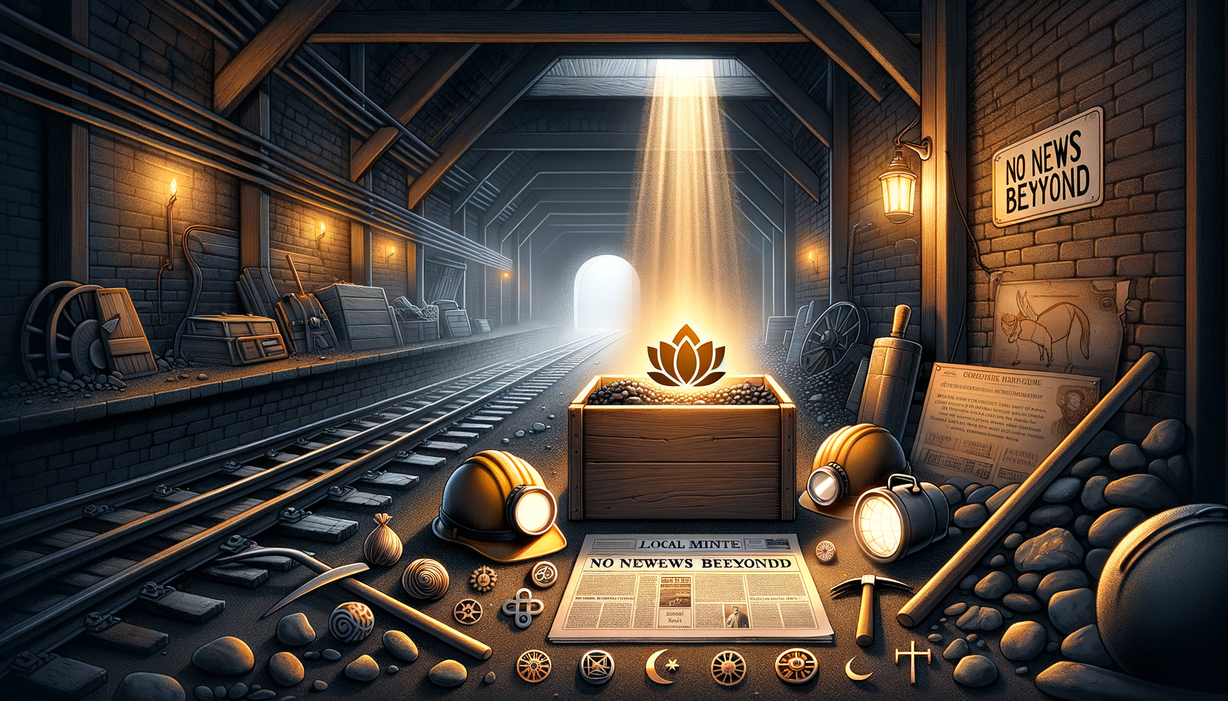 Dim underground rail tunnel lined with tools and crates; a coal box crowned by a glowing lotus under a skylight; hard hats, lamps, a newspaper, and a ‘No News Beyond’ sign frame the scene.