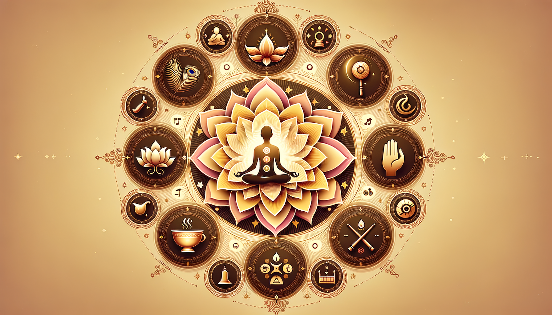 Golden mandala with a meditator seated in lotus pose, chakra points marked on the body, surrounded by circular icons—lotus, lamp, bell, feather, hand mudra, tea, sun, music—on a warm, minimalist gradient backdrop.